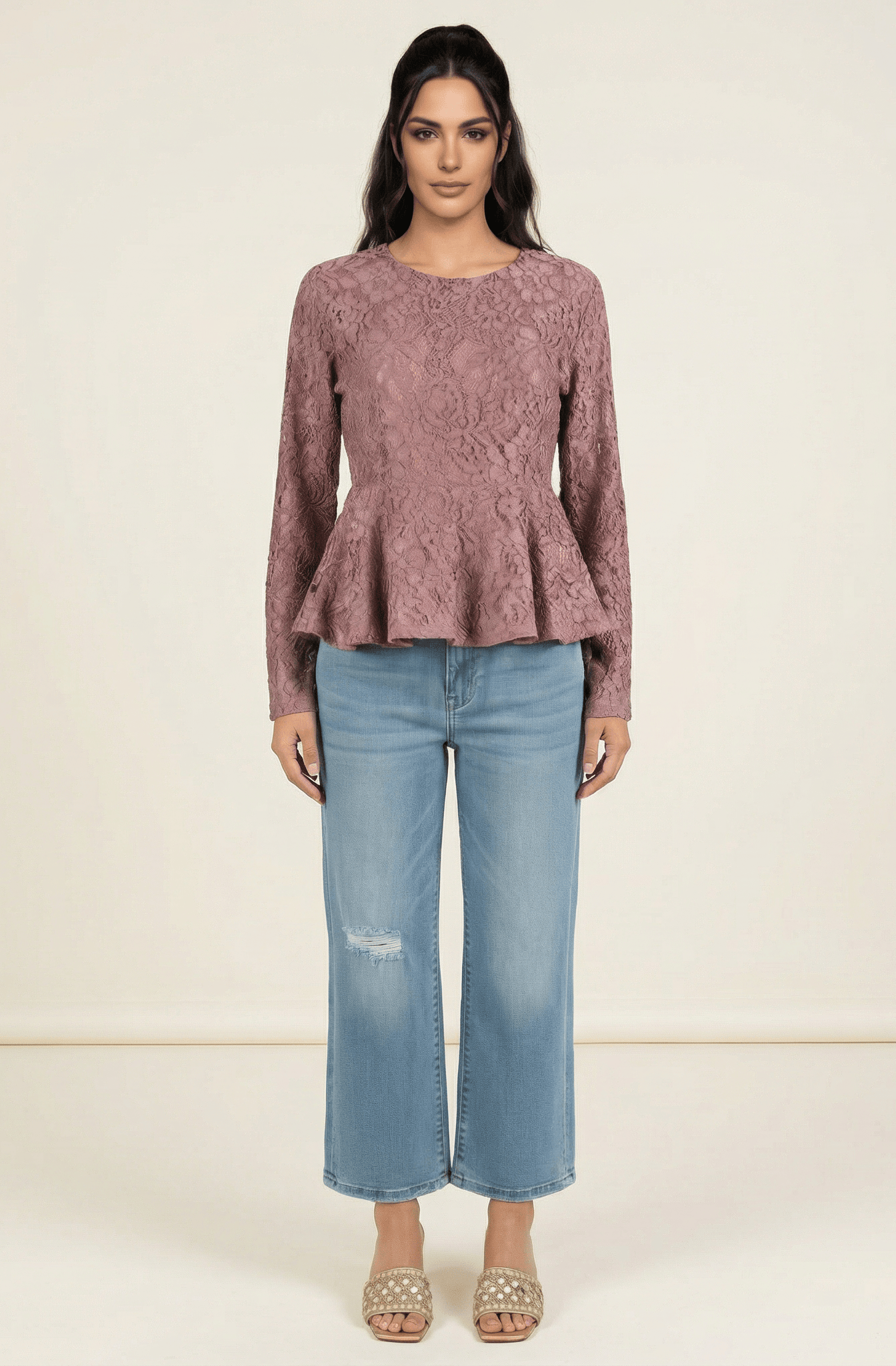 Mauve Lace Peplum Top Kabayare