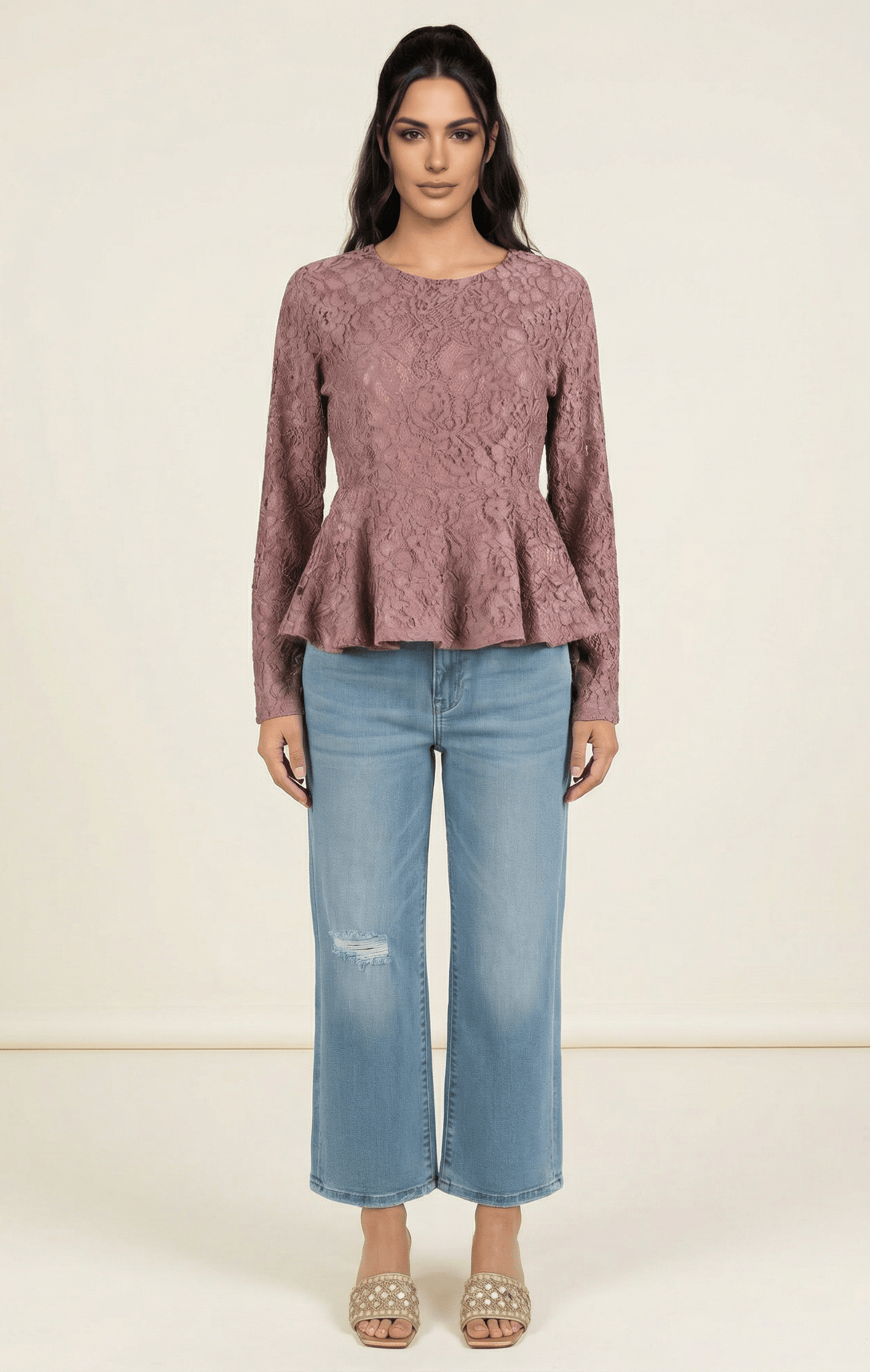 Mauve Lace Peplum Top Kabayare