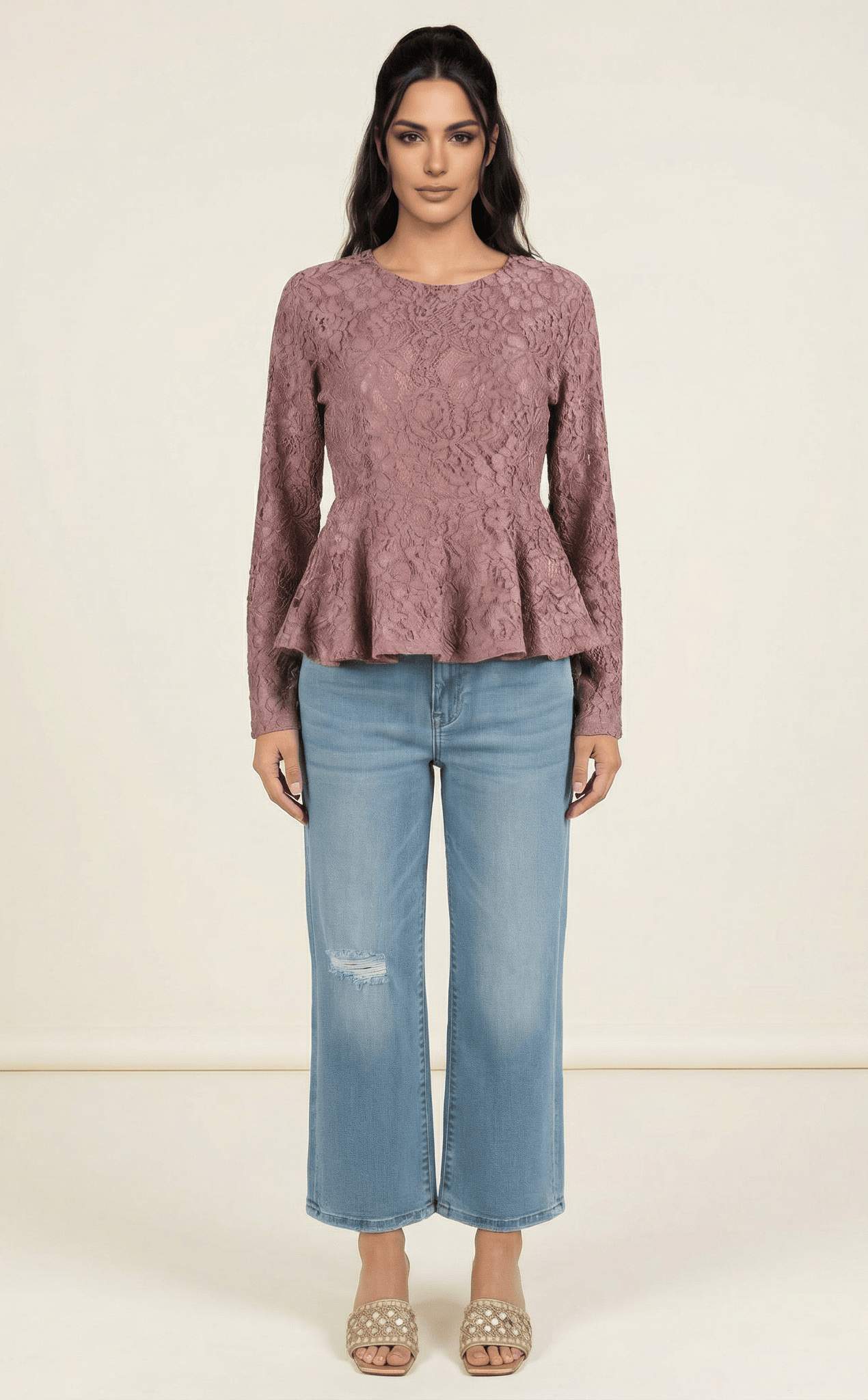 Mauve Lace Peplum Top Kabayare