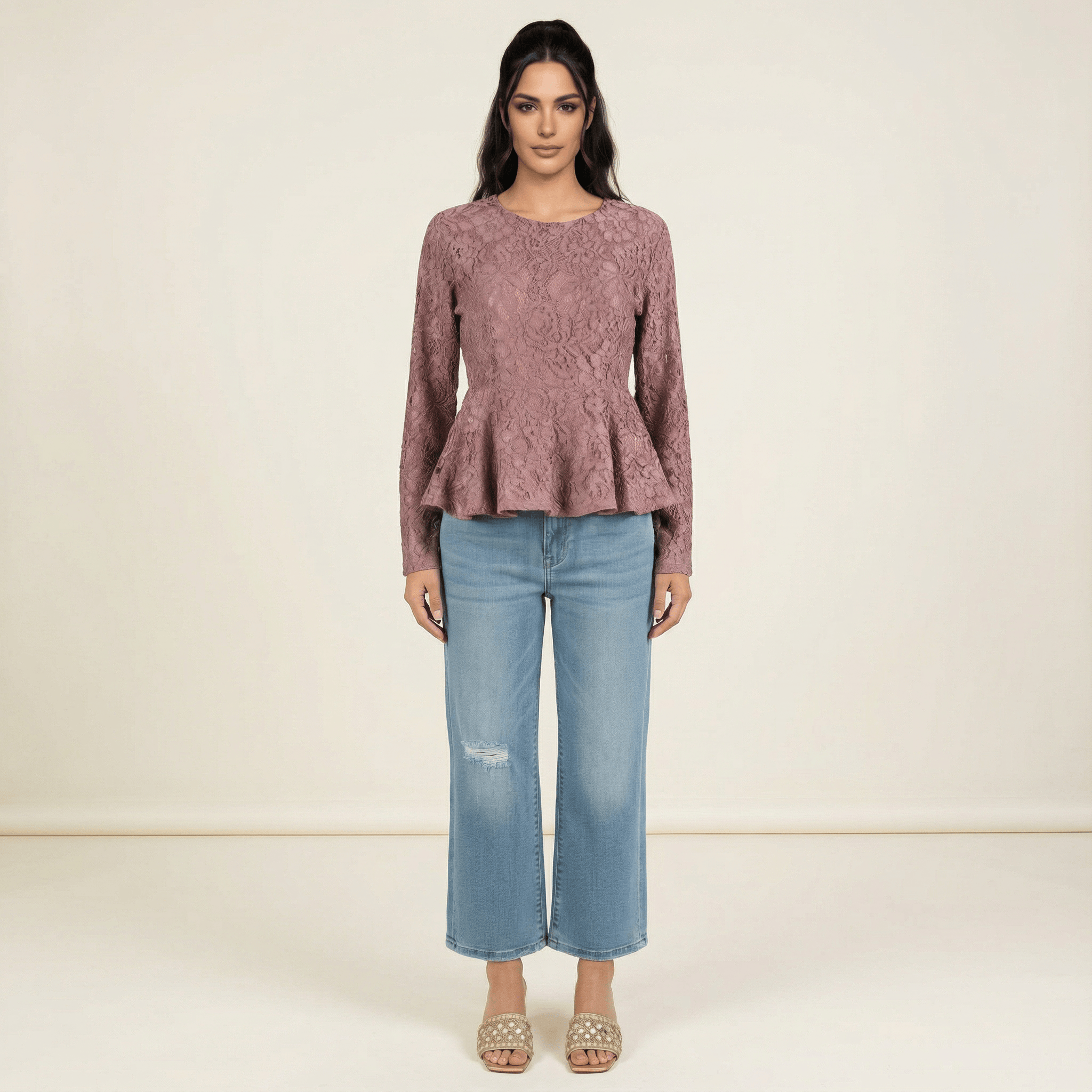 Mauve Lace Peplum Top Kabayare