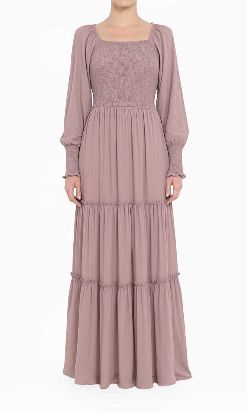 Mauve Rose Sorrento Smocked Tiered Modest Maxi Dress Kabayare