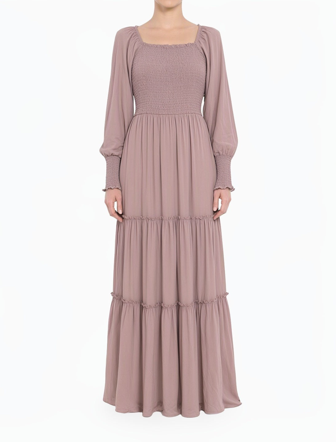 Mauve Rose Sorrento Smocked Tiered Modest Maxi Dress Kabayare