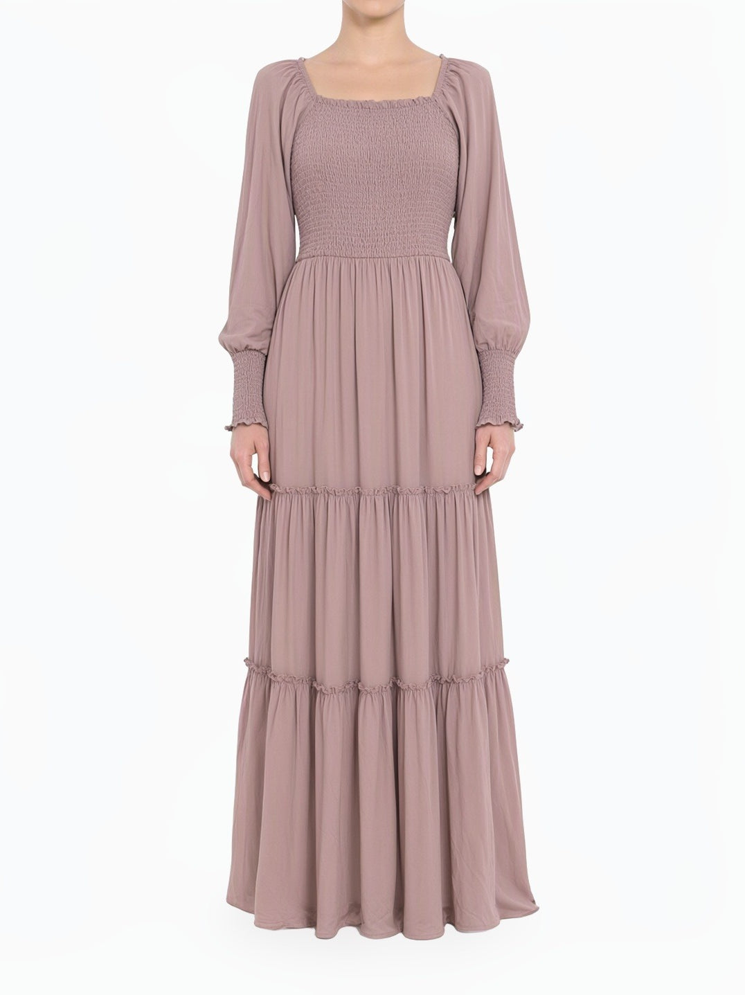 Mauve Rose Sorrento Smocked Tiered Modest Maxi Dress Kabayare