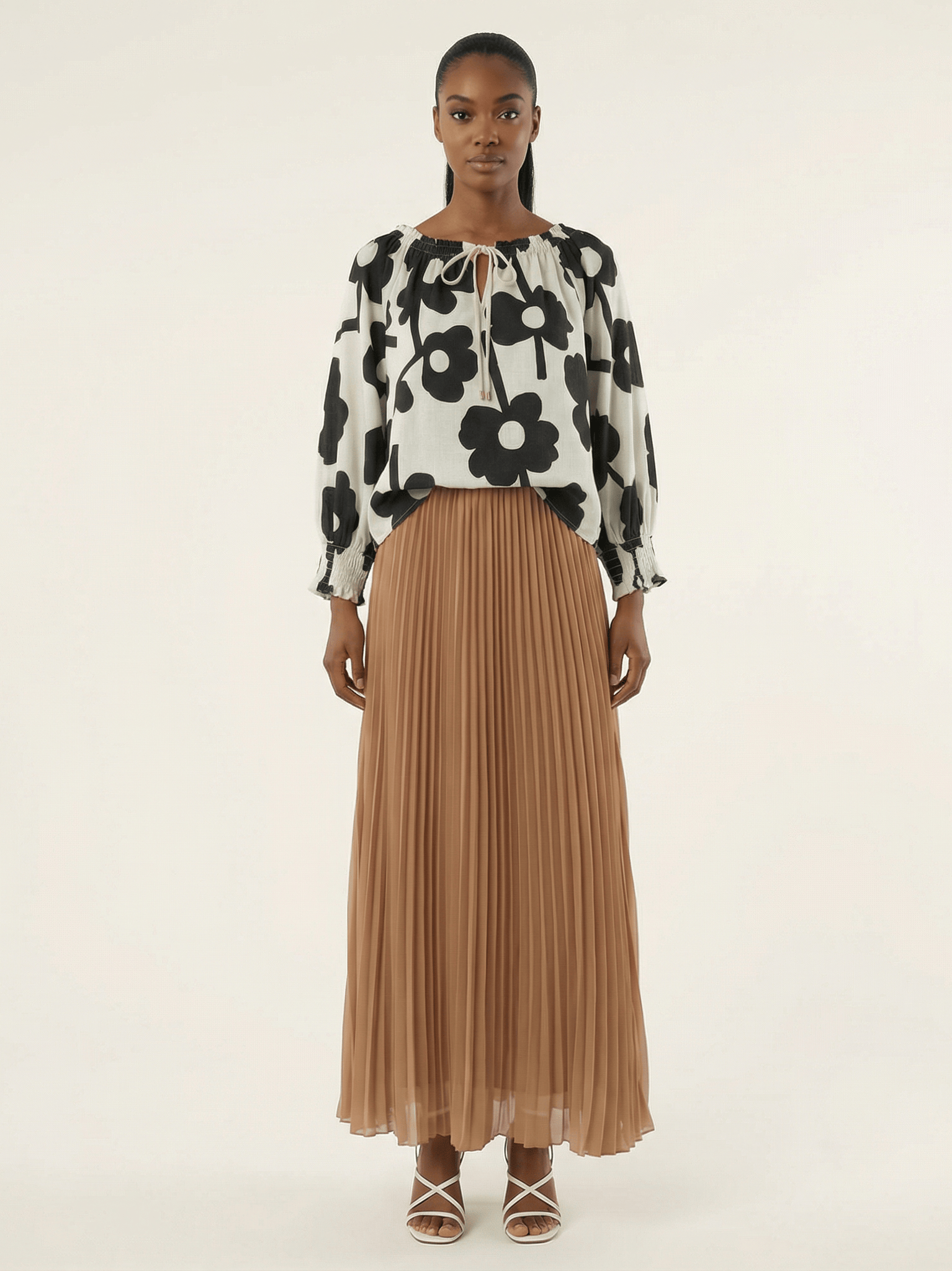 Mocha pleated chiffon Maxi Skirt Kabayare