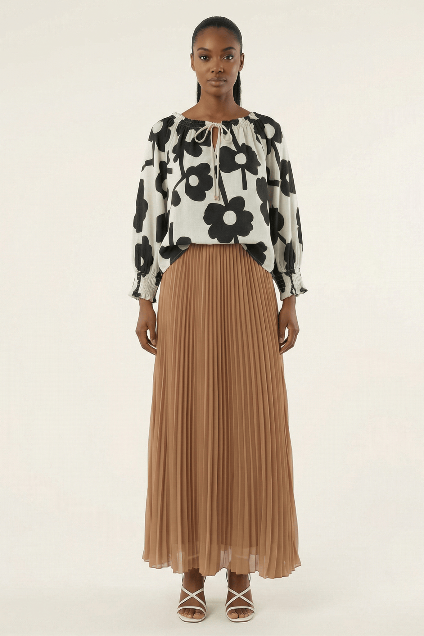 Mocha pleated chiffon Maxi Skirt Kabayare