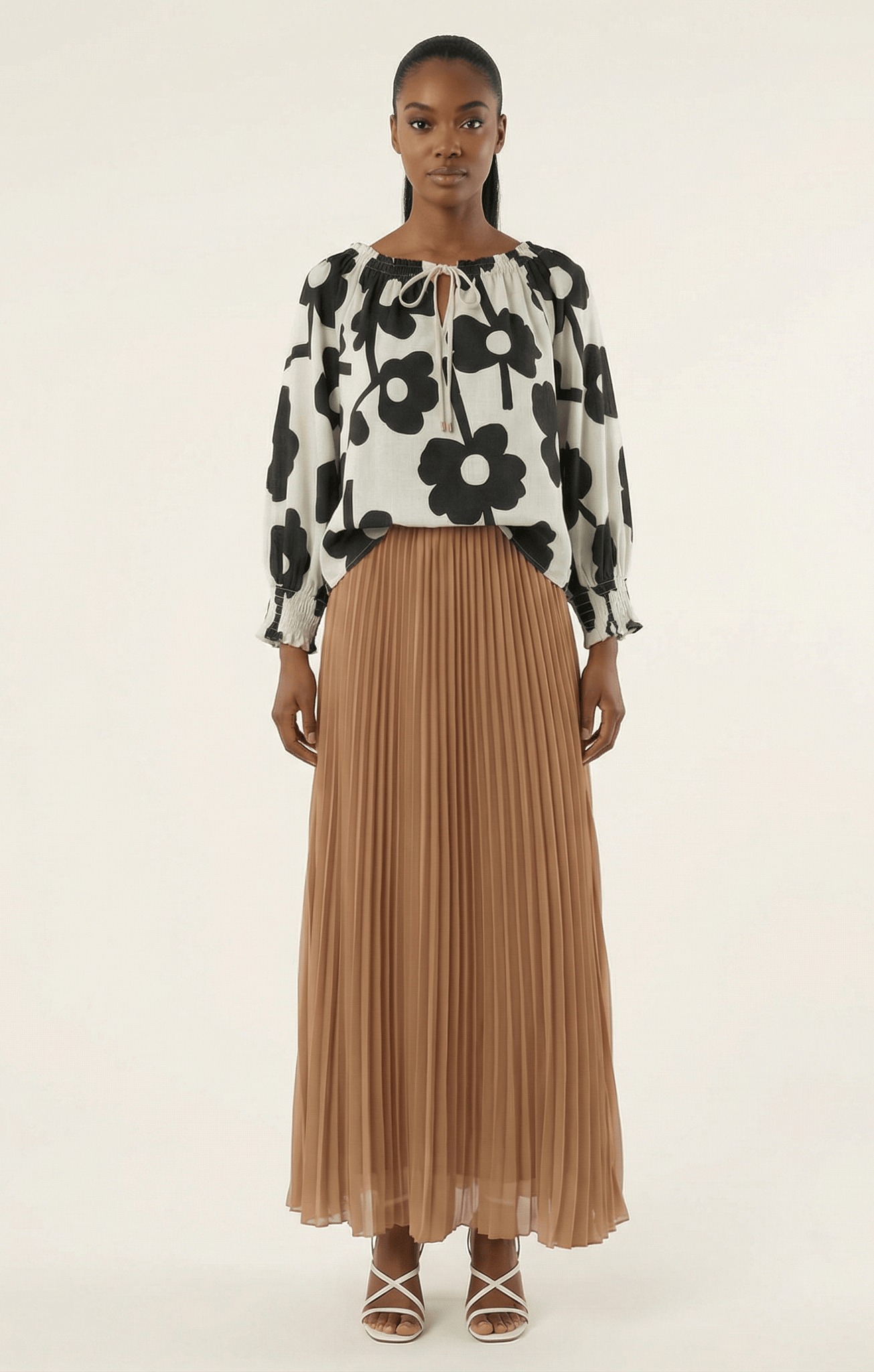 Mocha pleated chiffon Maxi Skirt Kabayare