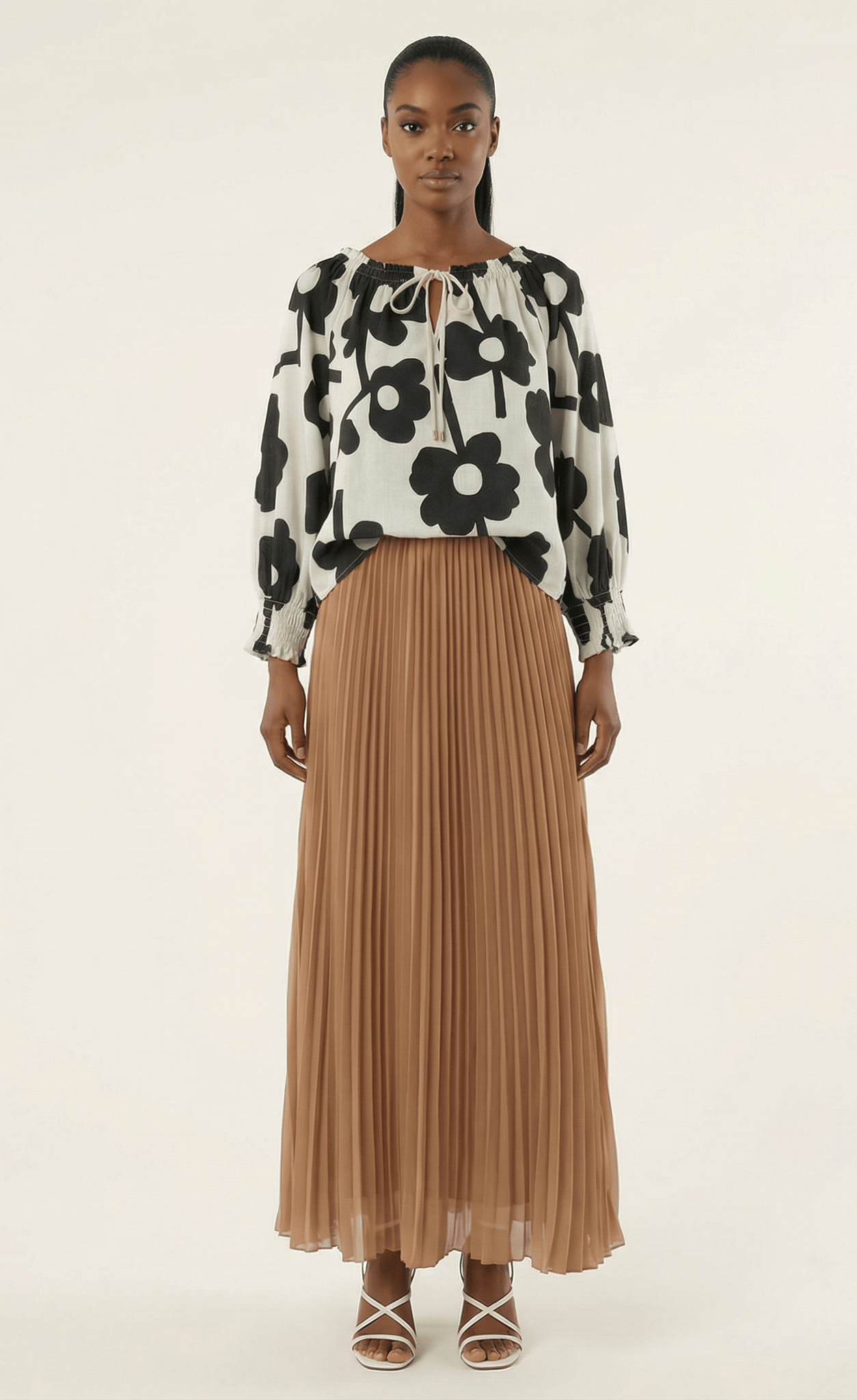 Mocha pleated chiffon Maxi Skirt Kabayare