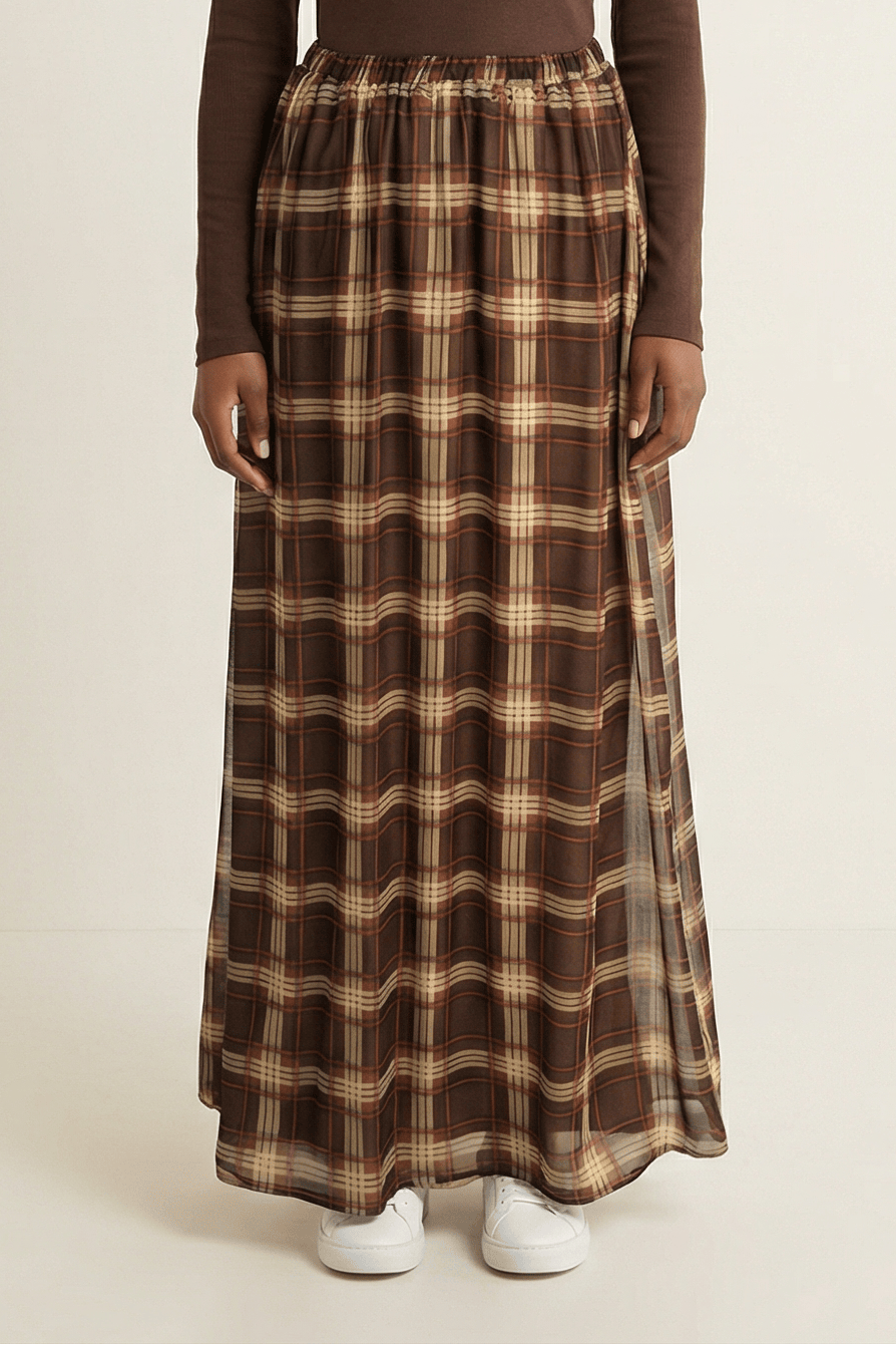 Mocha Waffle Plaid Chiffon Maxi Skirt Kabayare
