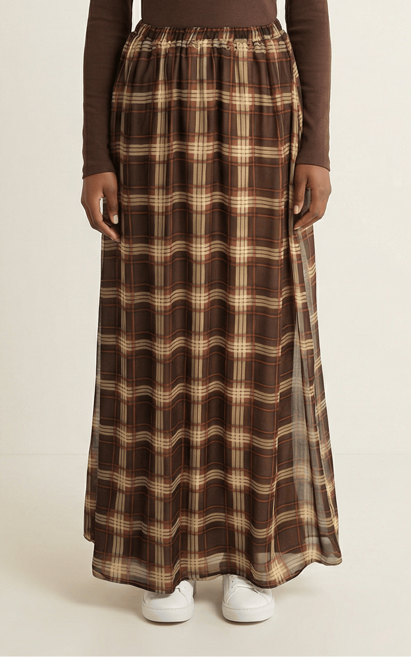 Mocha Waffle Plaid Chiffon Maxi Skirt Kabayare