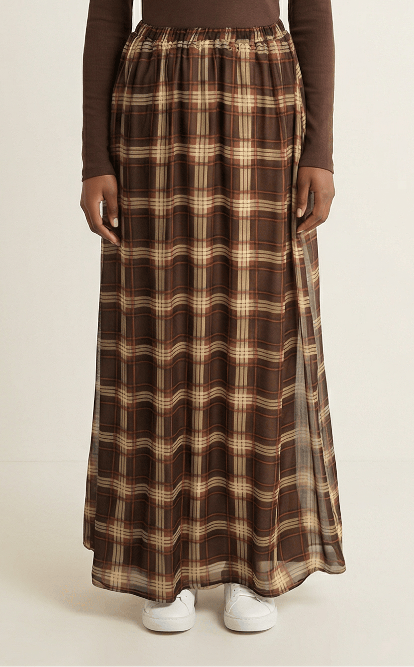 Mocha Waffle Plaid Chiffon Maxi Skirt Kabayare