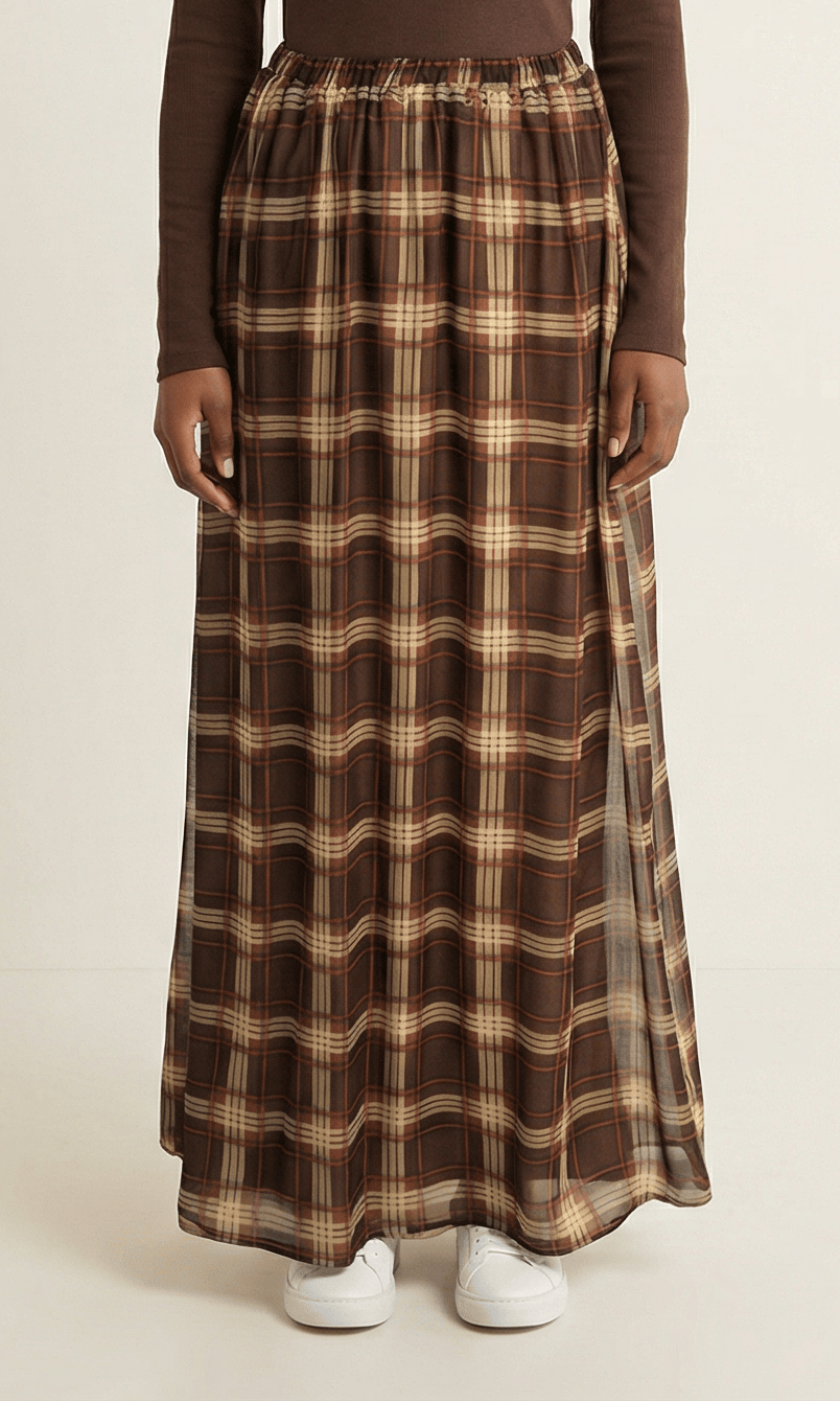 Mocha Waffle Plaid Chiffon Maxi Skirt Kabayare