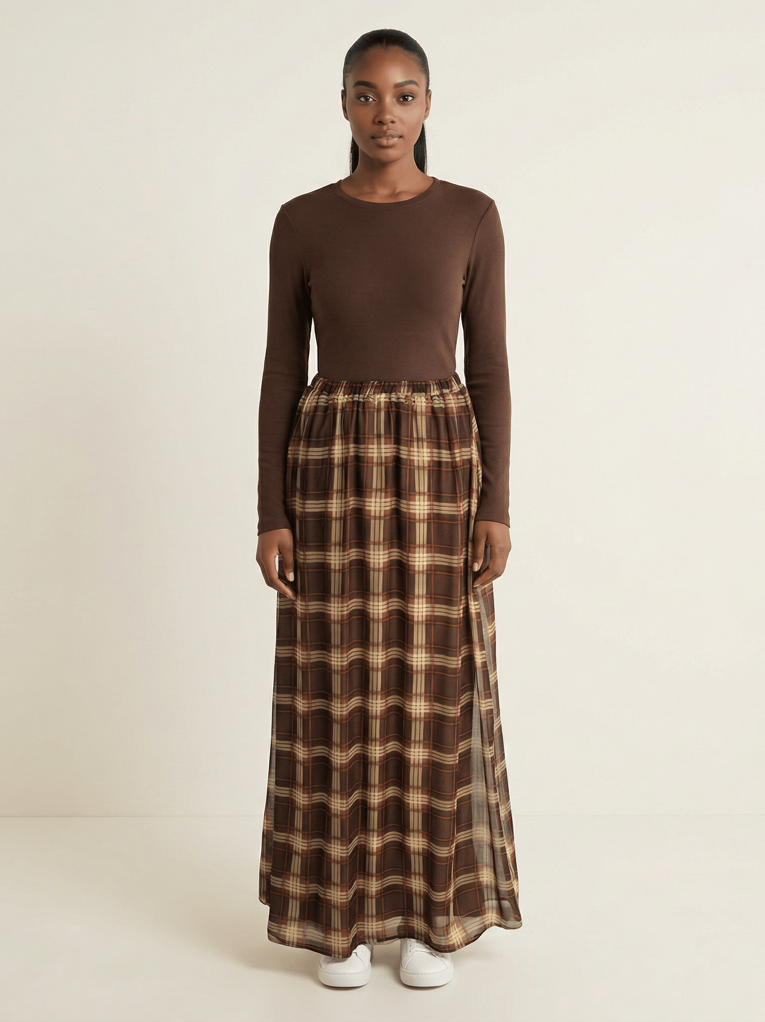 Mocha Waffle Plaid Chiffon Maxi Skirt Kabayare