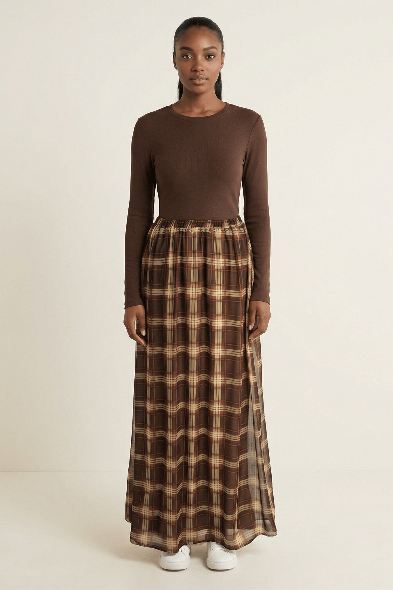 Mocha Waffle Plaid Chiffon Maxi Skirt Kabayare