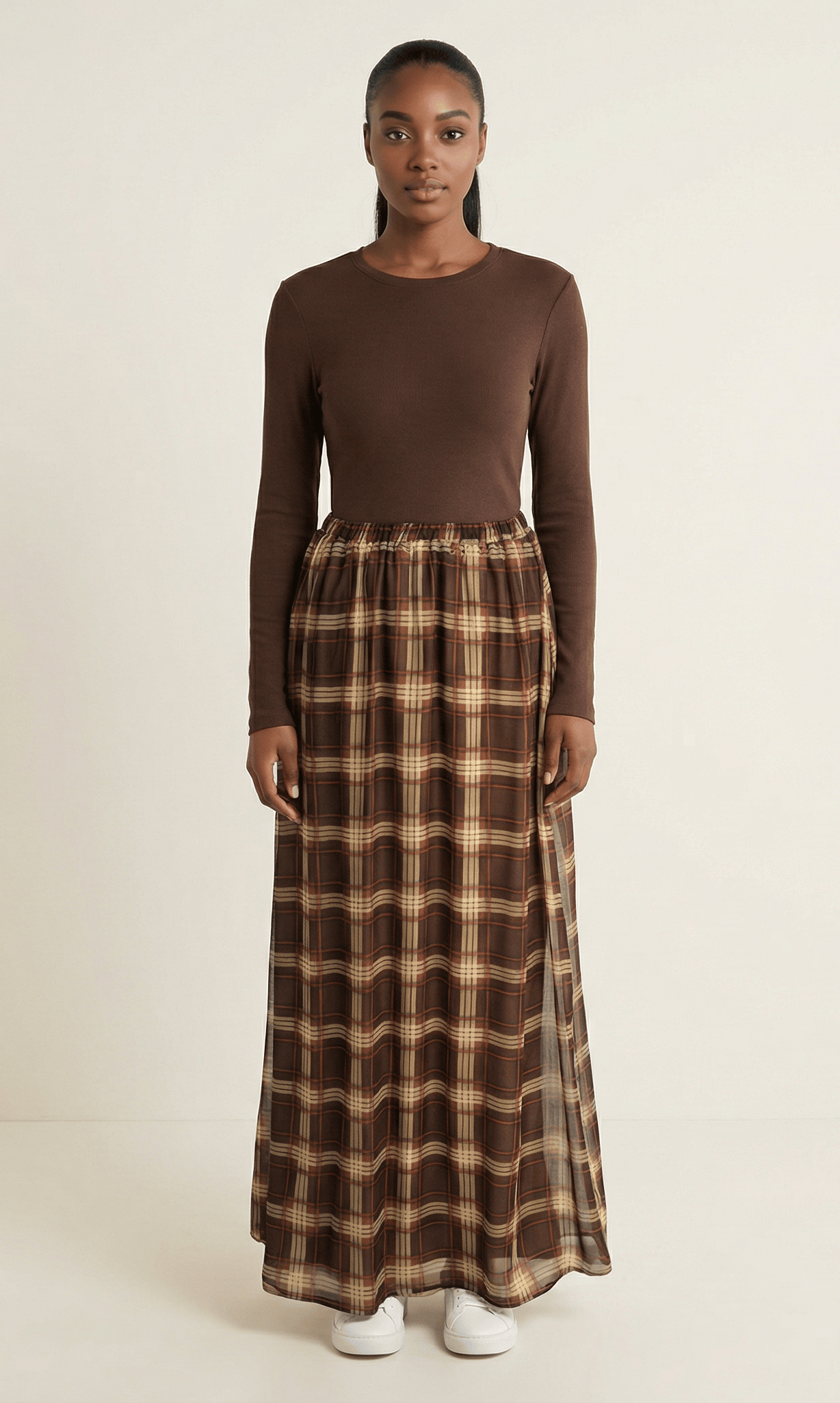 Mocha Waffle Plaid Chiffon Maxi Skirt Kabayare