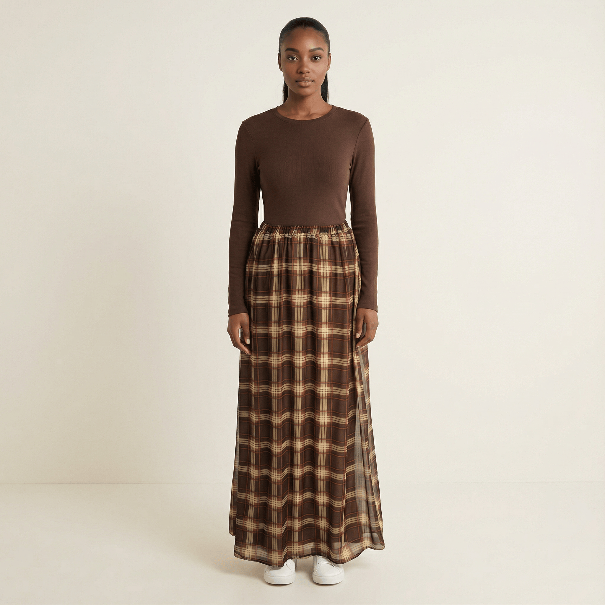 Mocha Waffle Plaid Chiffon Maxi Skirt Kabayare