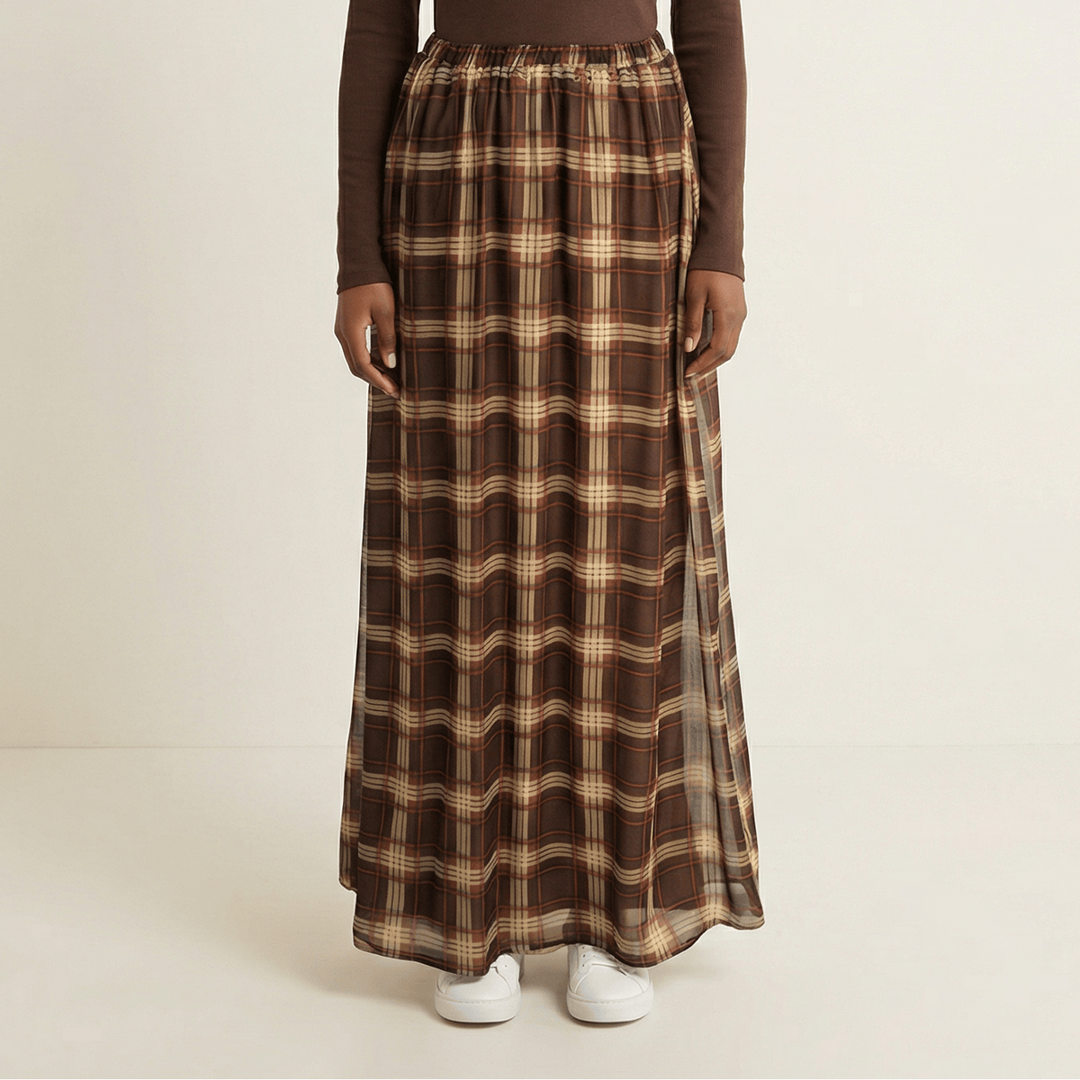 Mocha Waffle Plaid Chiffon Maxi Skirt Kabayare