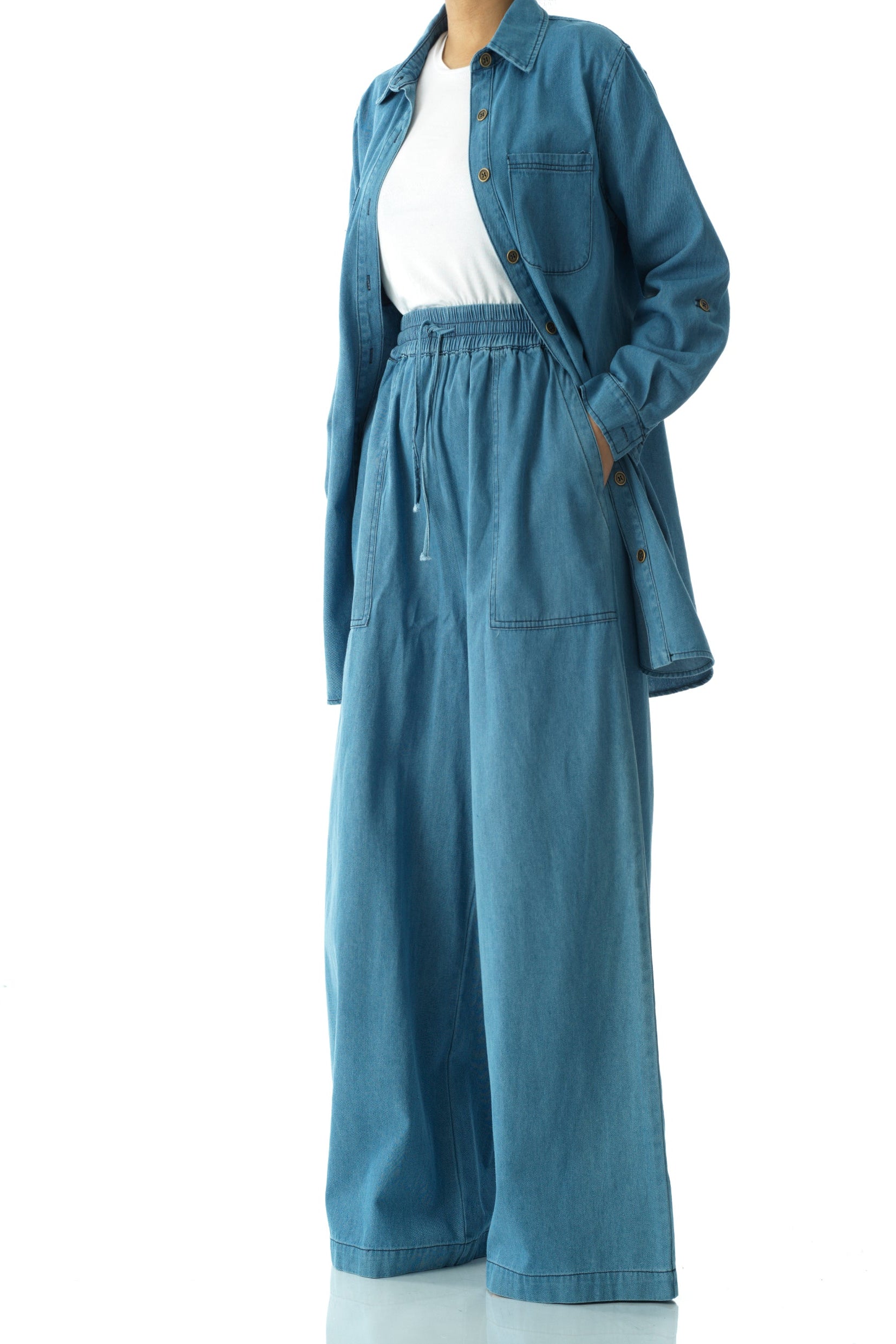 Modest denim palazzo pants. Kabayare