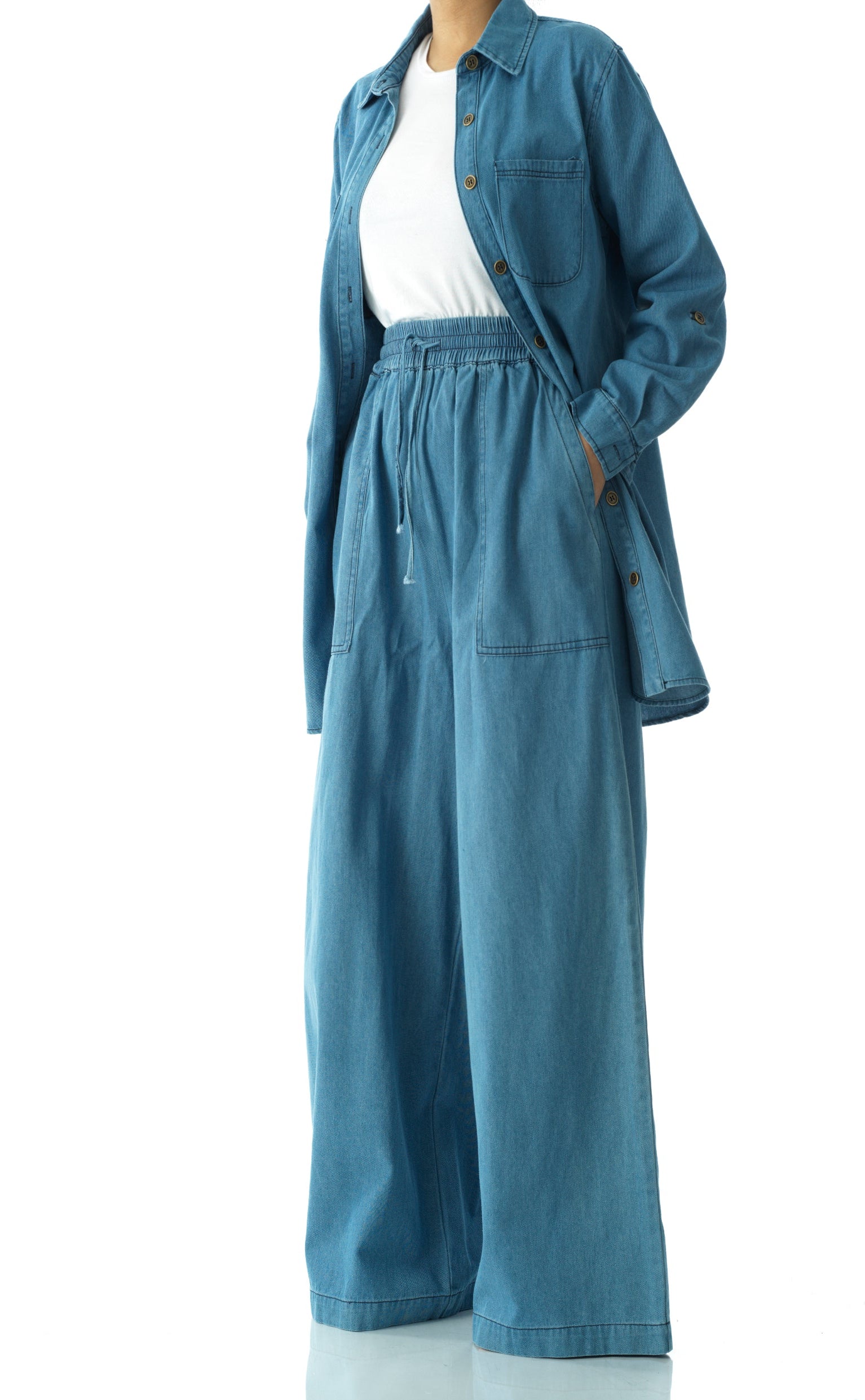Modest denim palazzo pants. Kabayare