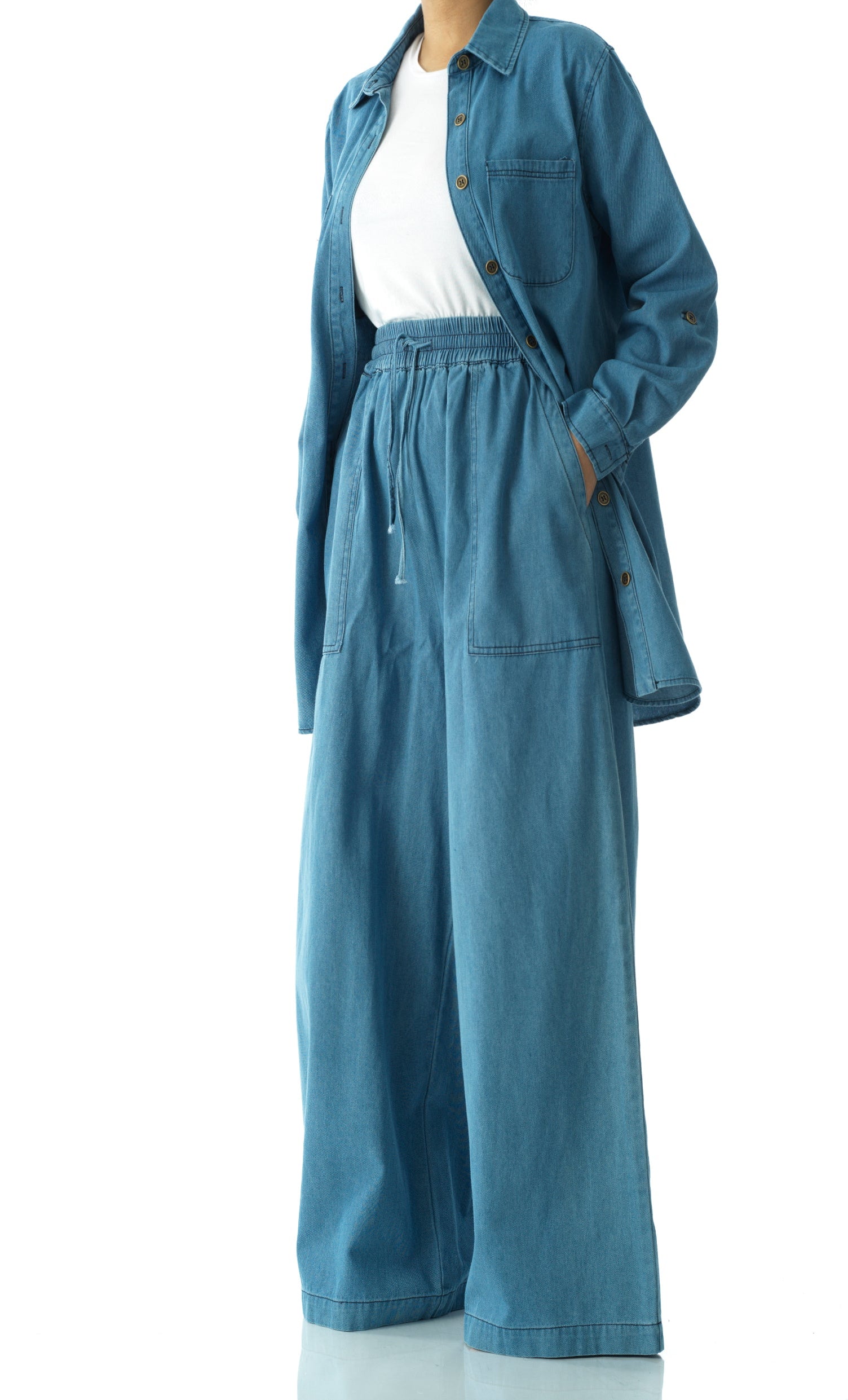 Modest denim palazzo pants. Kabayare