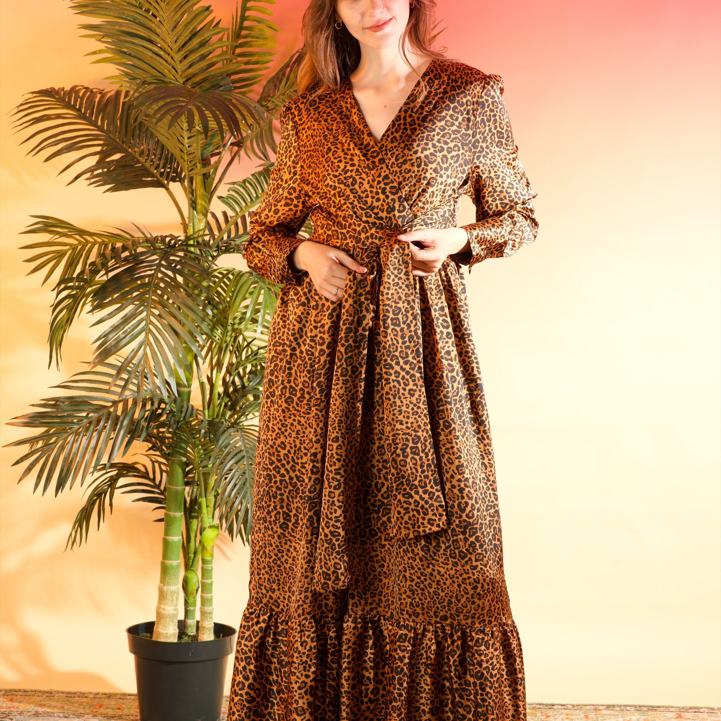 Modest maxi dress Brown cheetah print satin Kabayare