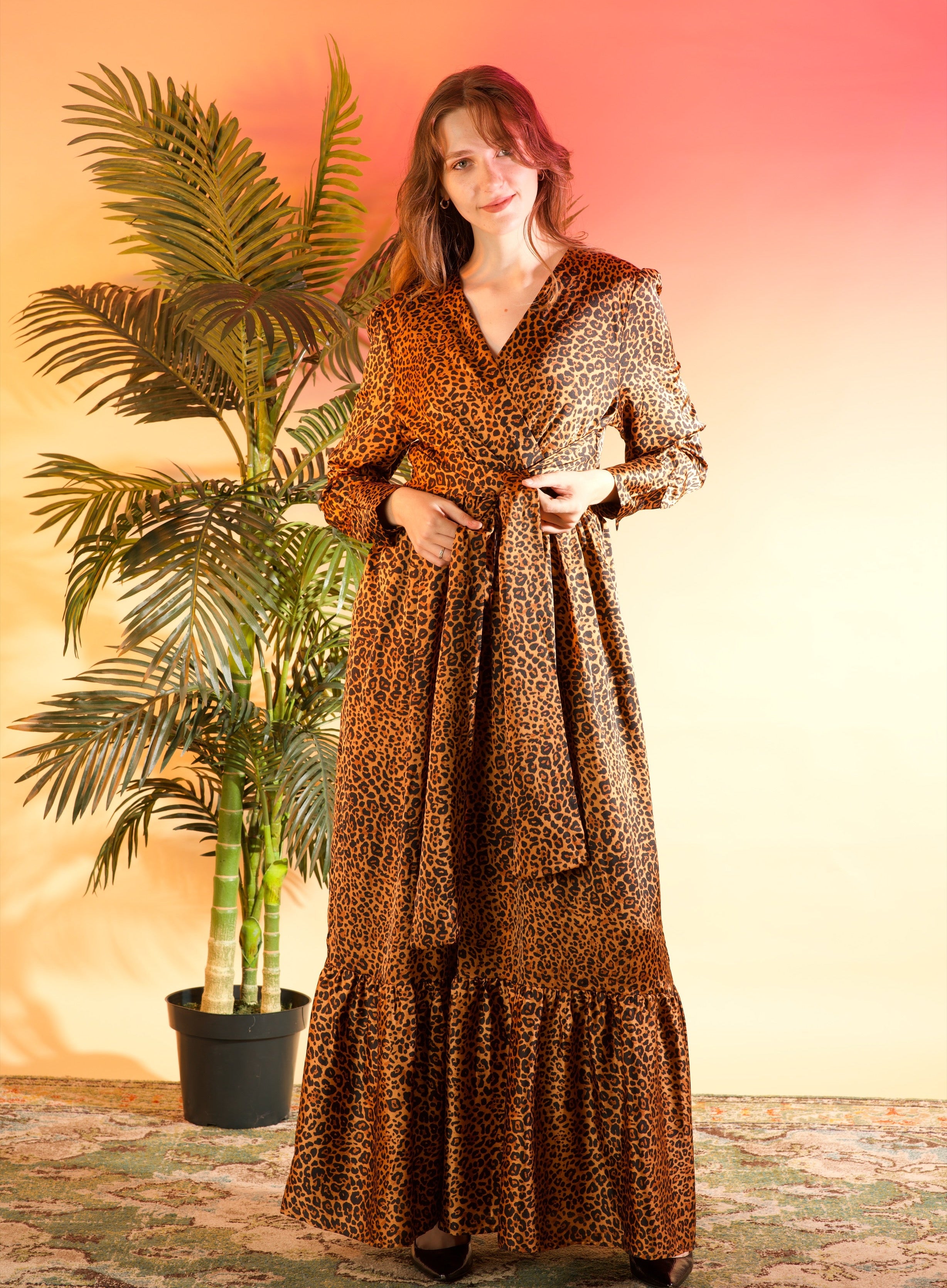 Modest maxi dress Brown cheetah print satin Kabayare