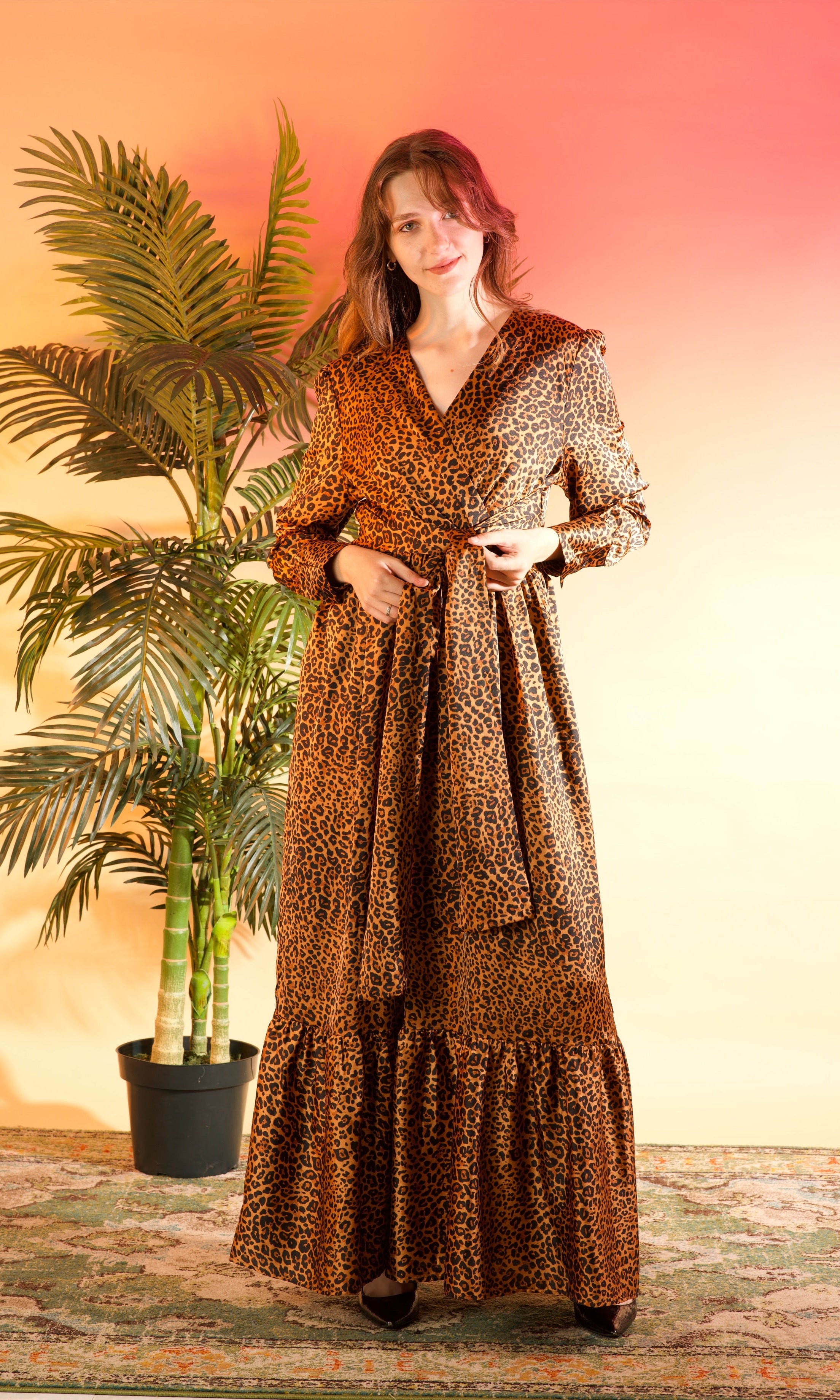 Modest maxi dress Brown cheetah print satin Kabayare