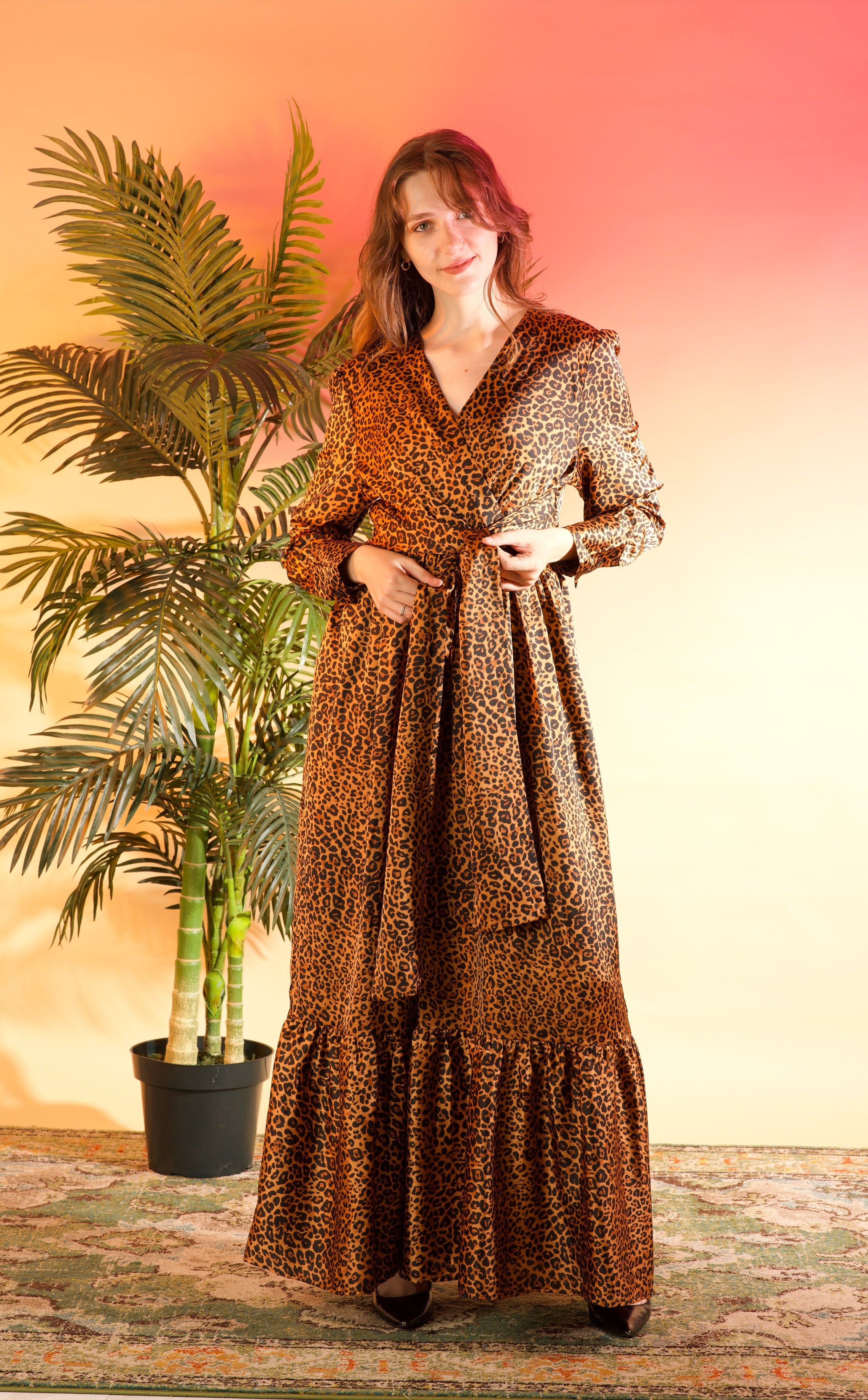 Modest maxi dress Brown cheetah print satin Kabayare