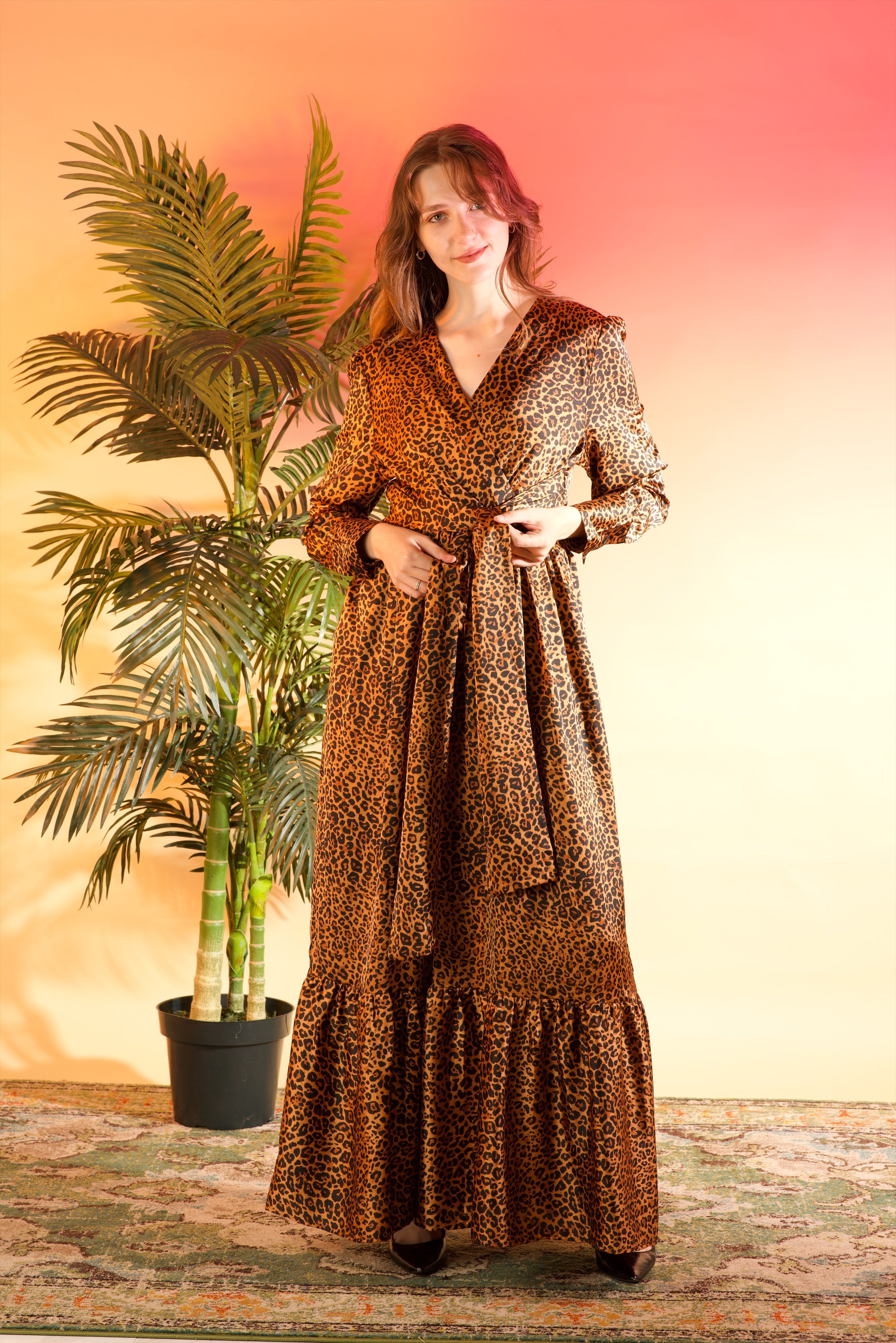 Modest maxi dress Brown cheetah print satin Kabayare