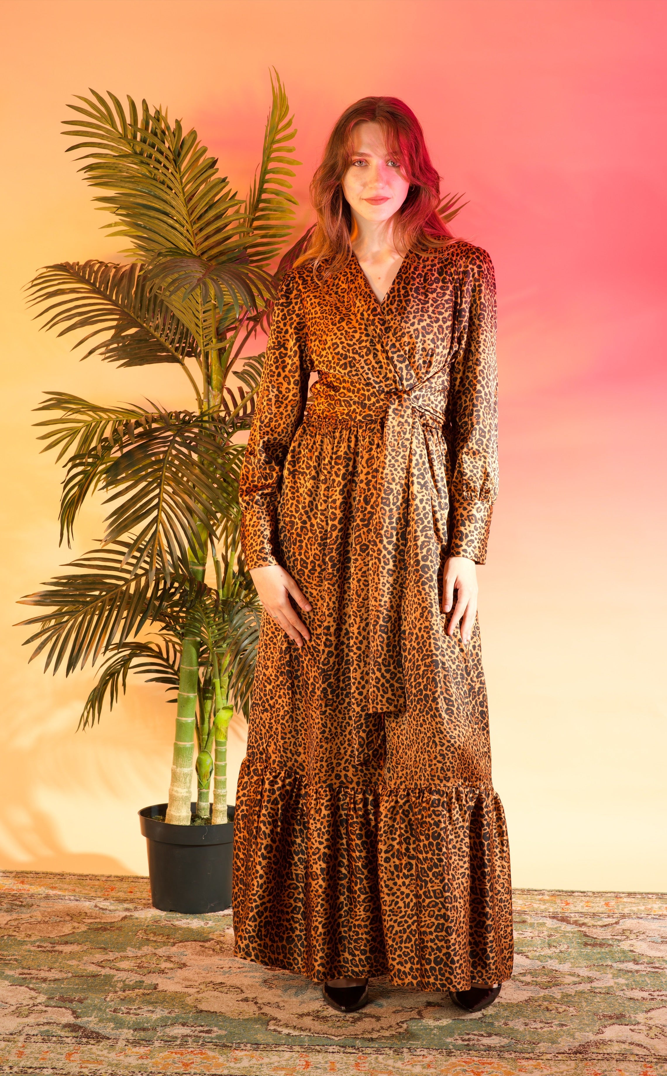 Modest maxi dress Brown cheetah print satin Kabayare