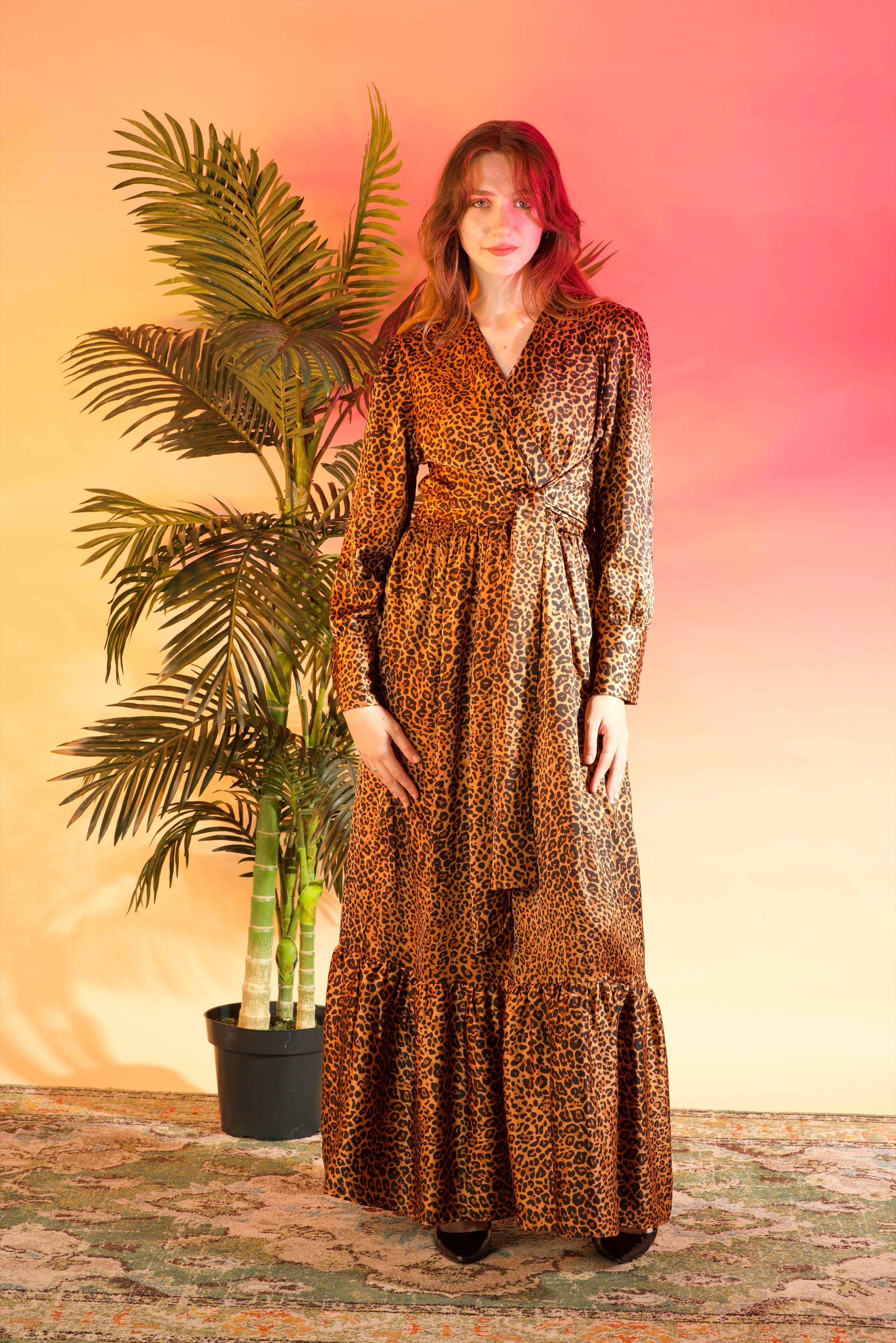 Modest maxi dress Brown cheetah print satin Kabayare