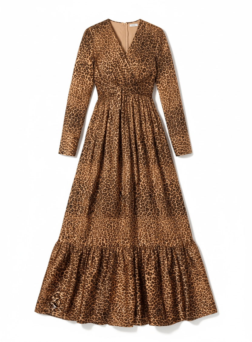 Modest maxi dress Brown cheetah print satin Kabayare