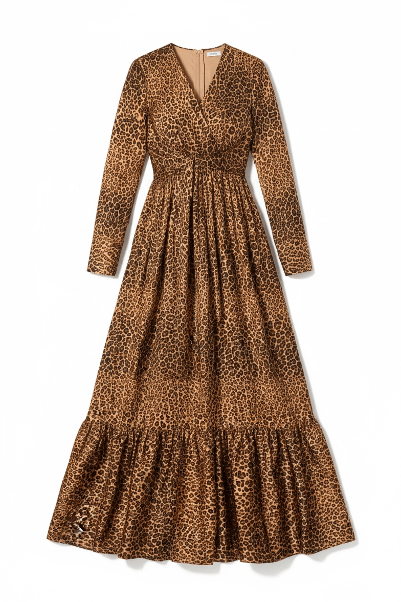 Modest maxi dress Brown cheetah print satin Kabayare