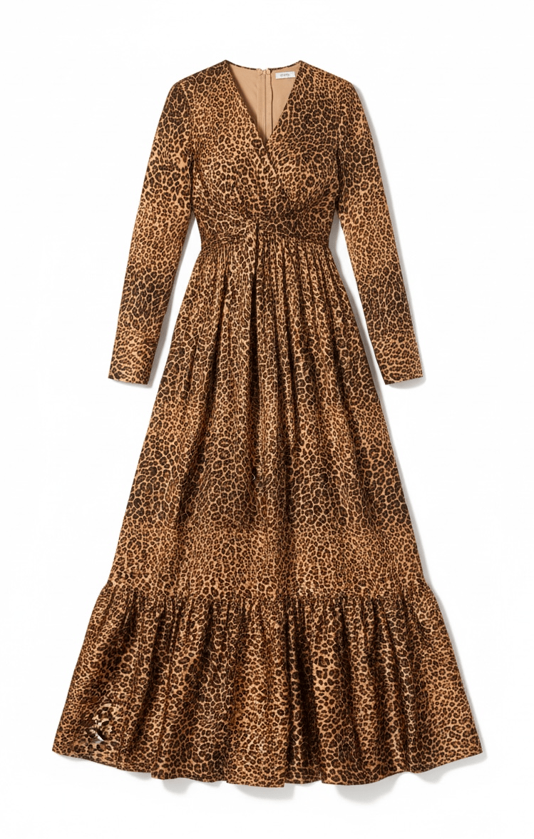 Modest maxi dress Brown cheetah print satin Kabayare