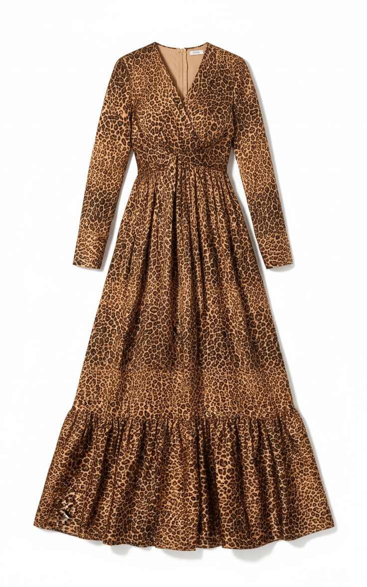Modest maxi dress Brown cheetah print satin Kabayare