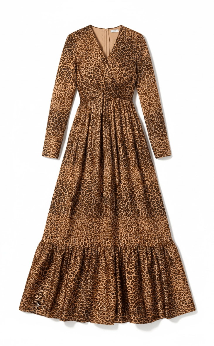 Modest maxi dress Brown cheetah print satin Kabayare