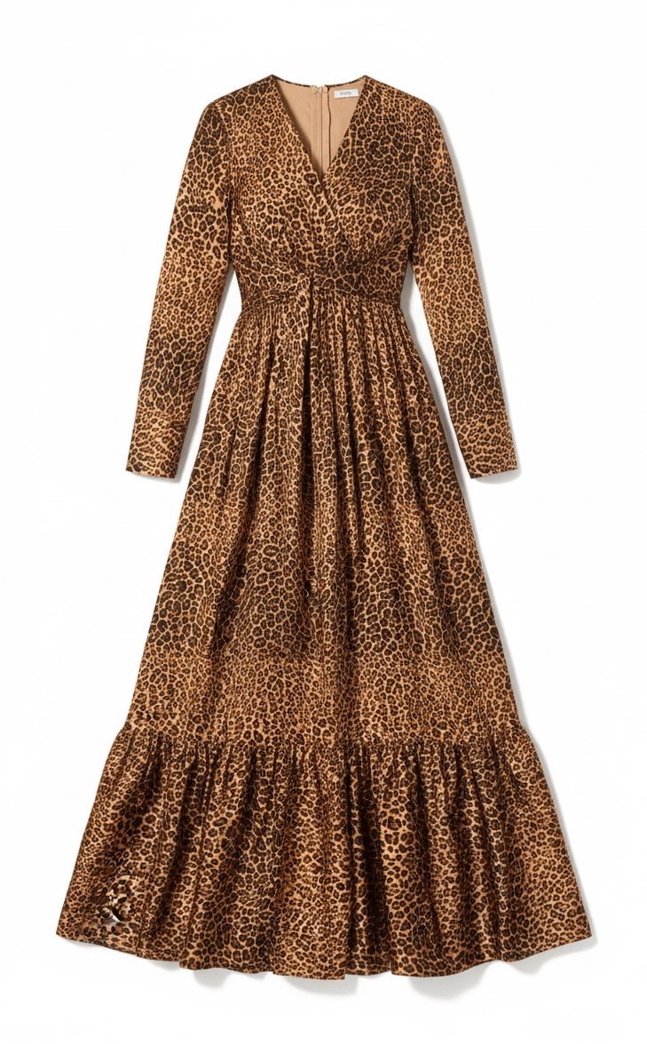 Modest maxi dress Brown cheetah print satin Kabayare