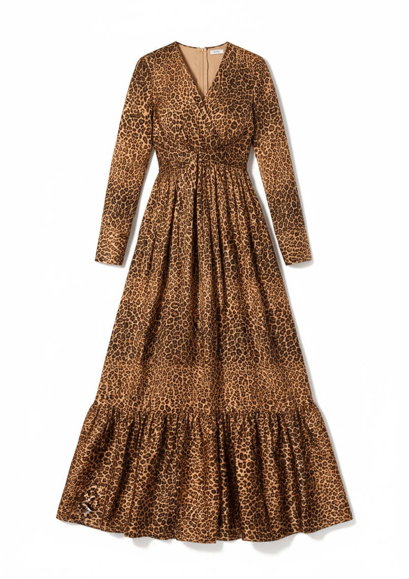 Modest maxi dress Brown cheetah print satin Kabayare