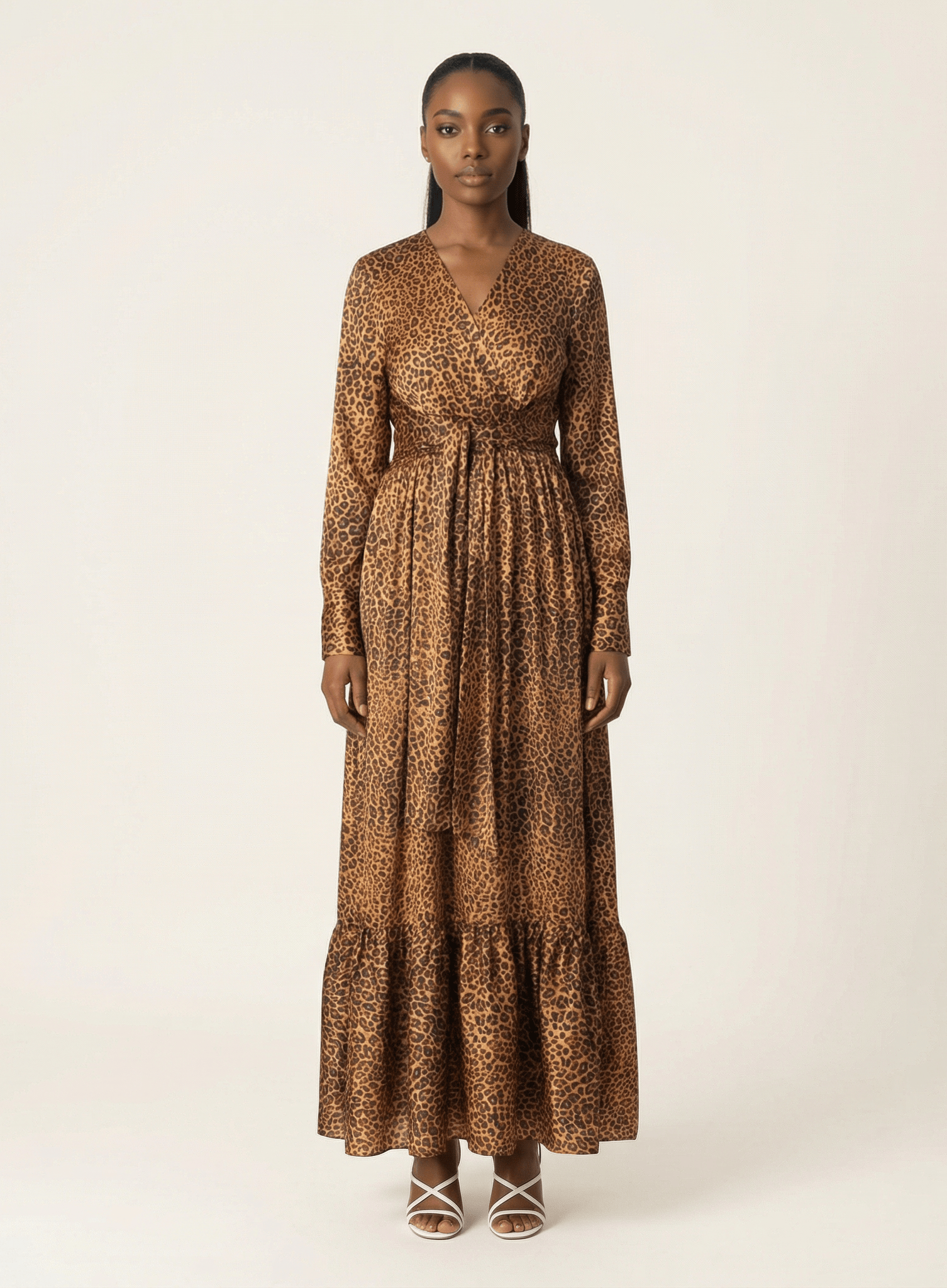 Modest maxi dress Brown cheetah print satin Kabayare