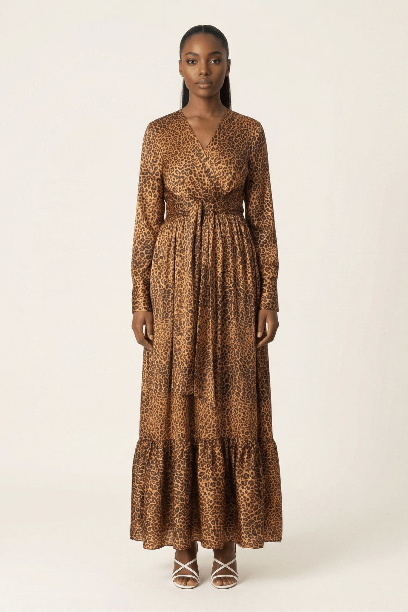 Modest maxi dress Brown cheetah print satin Kabayare