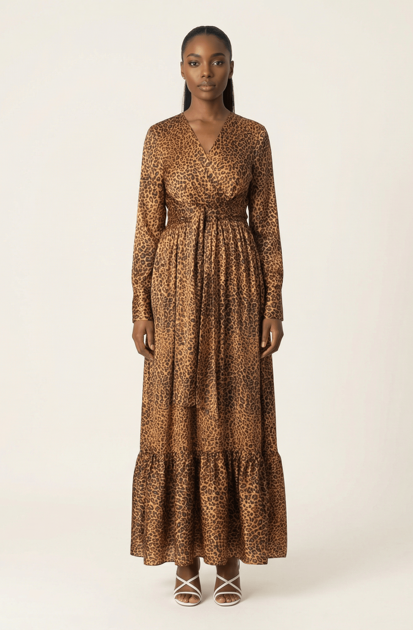 Modest maxi dress Brown cheetah print satin Kabayare