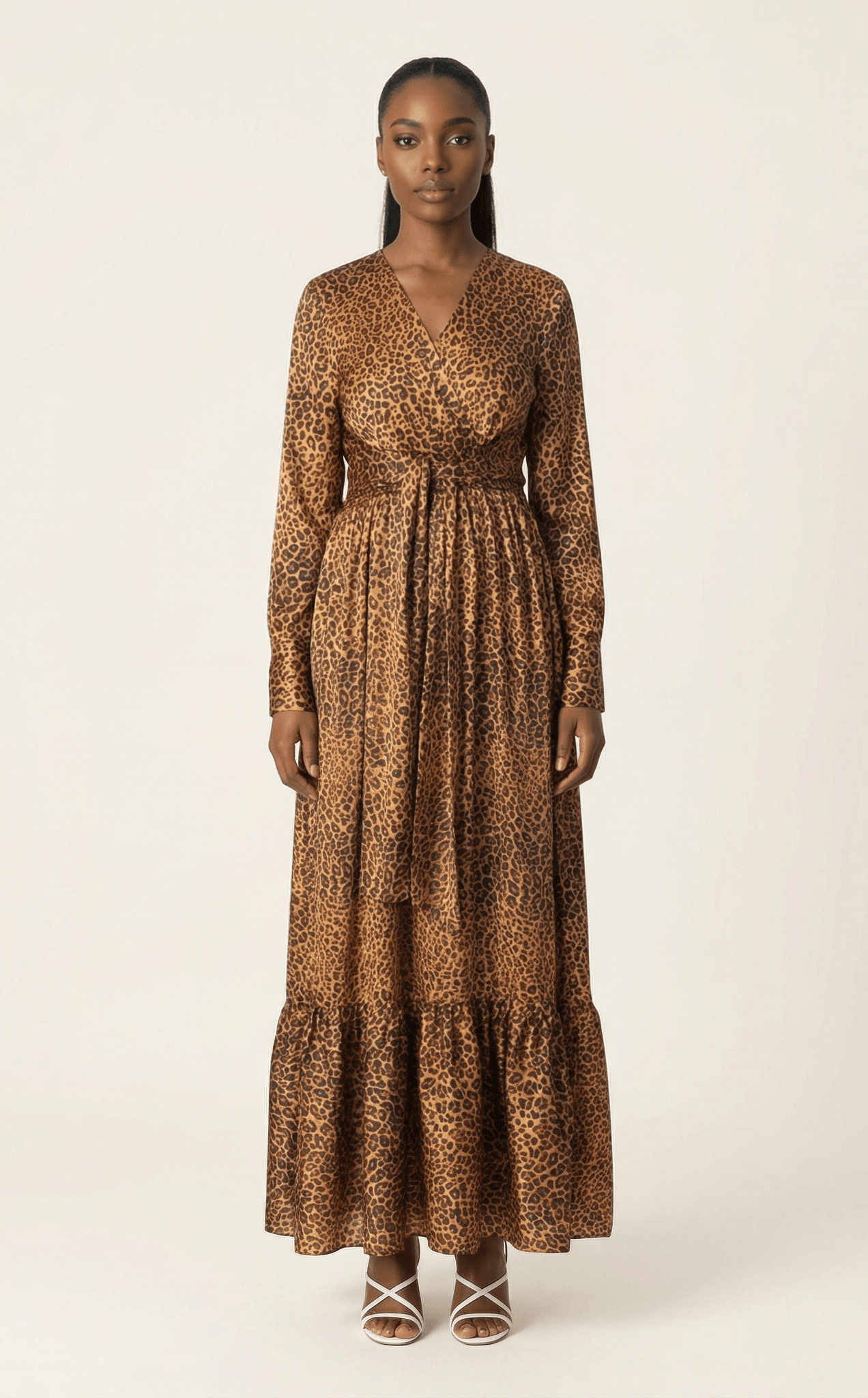 Modest maxi dress Brown cheetah print satin Kabayare