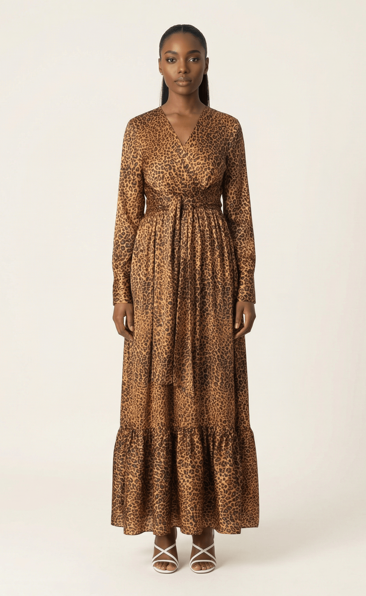 Modest maxi dress Brown cheetah print satin Kabayare