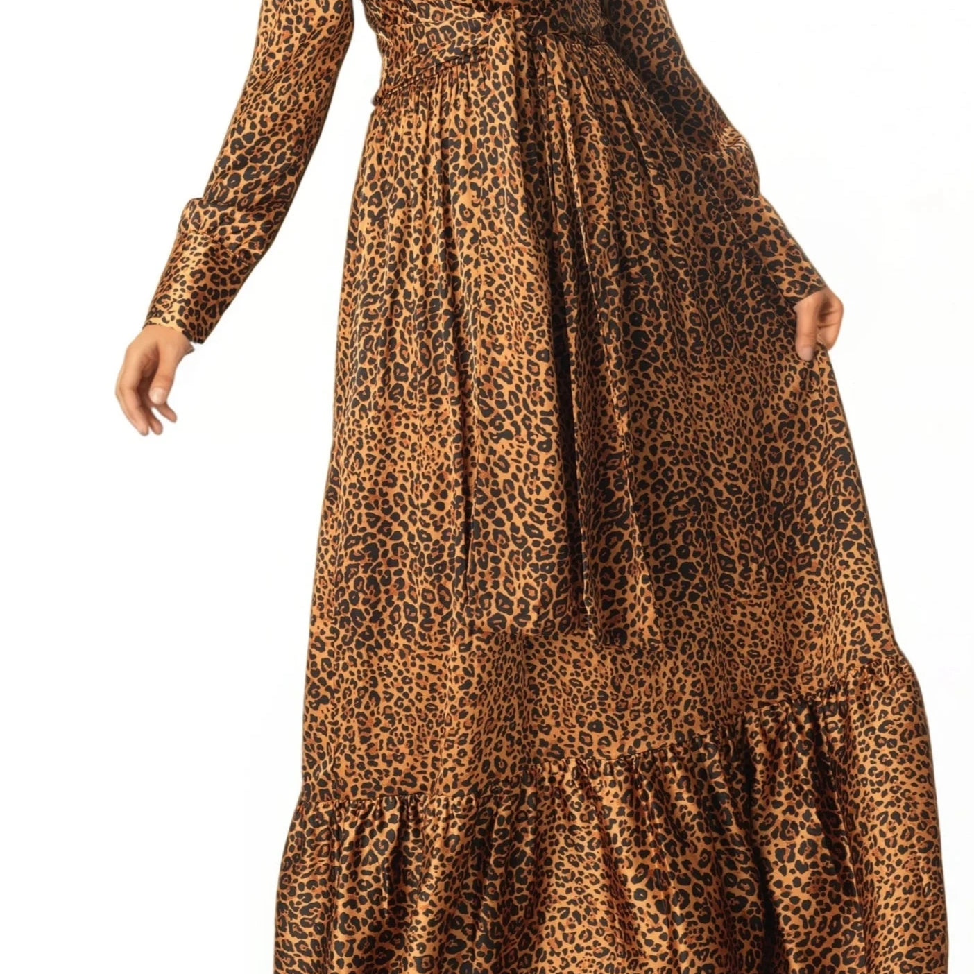 Modest maxi dress Brown cheetah print satin Kabayare