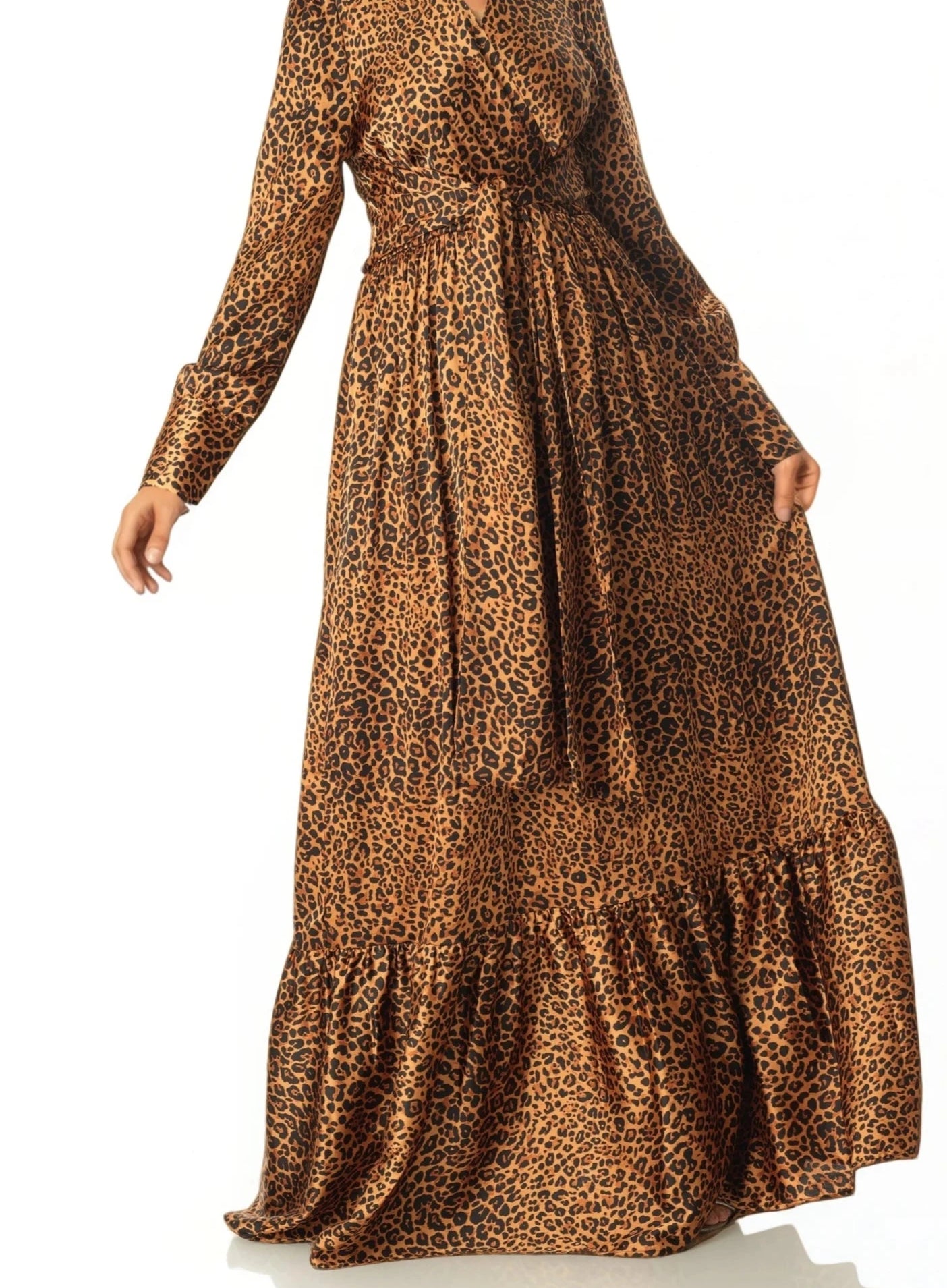 Modest maxi dress Brown cheetah print satin Kabayare