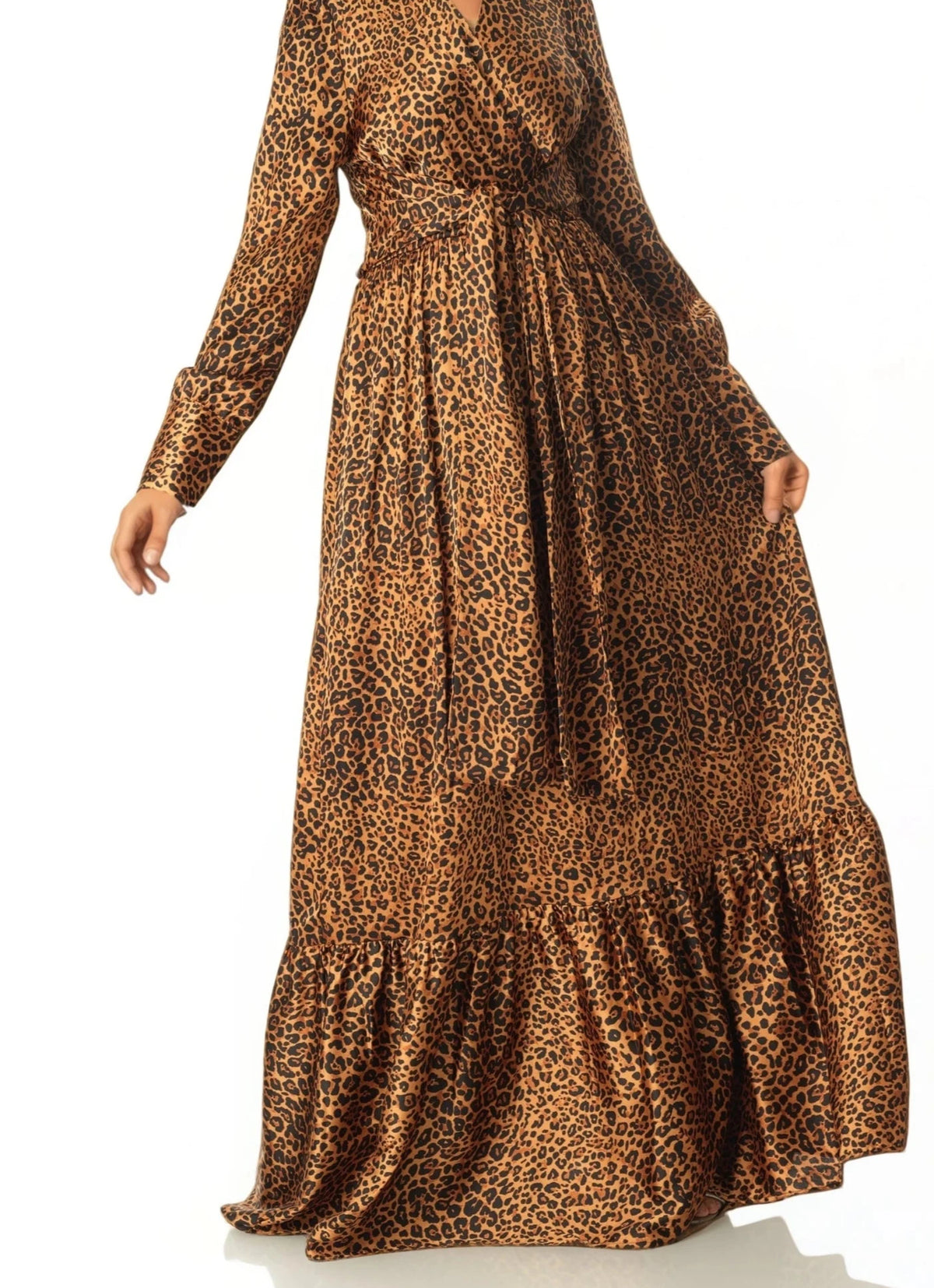 Modest maxi dress Brown cheetah print satin Kabayare