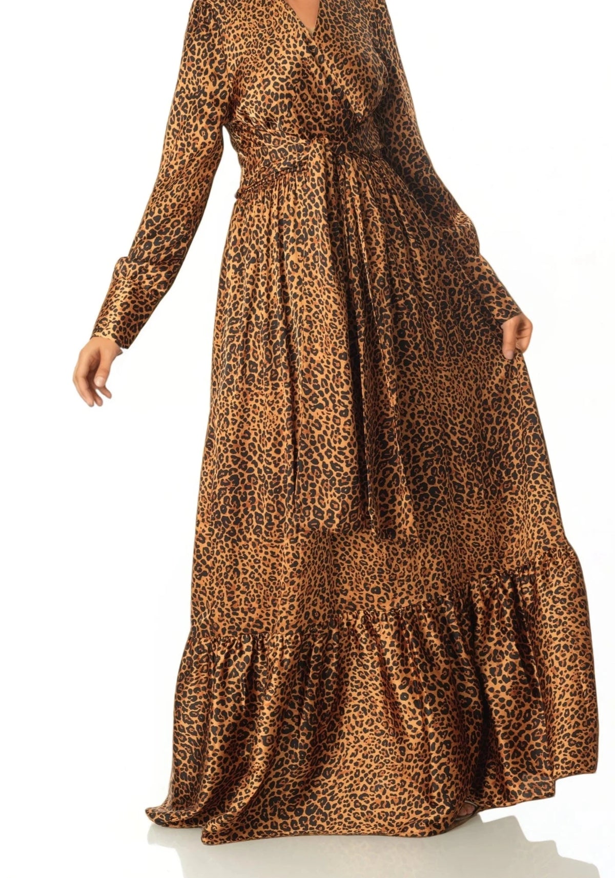 Modest maxi dress Brown cheetah print satin Kabayare