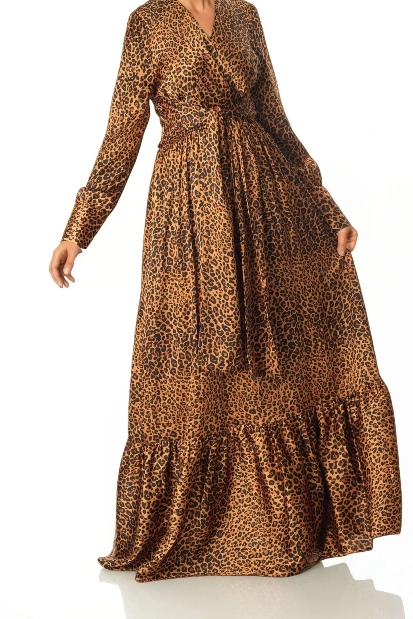 Modest maxi dress Brown cheetah print satin Kabayare