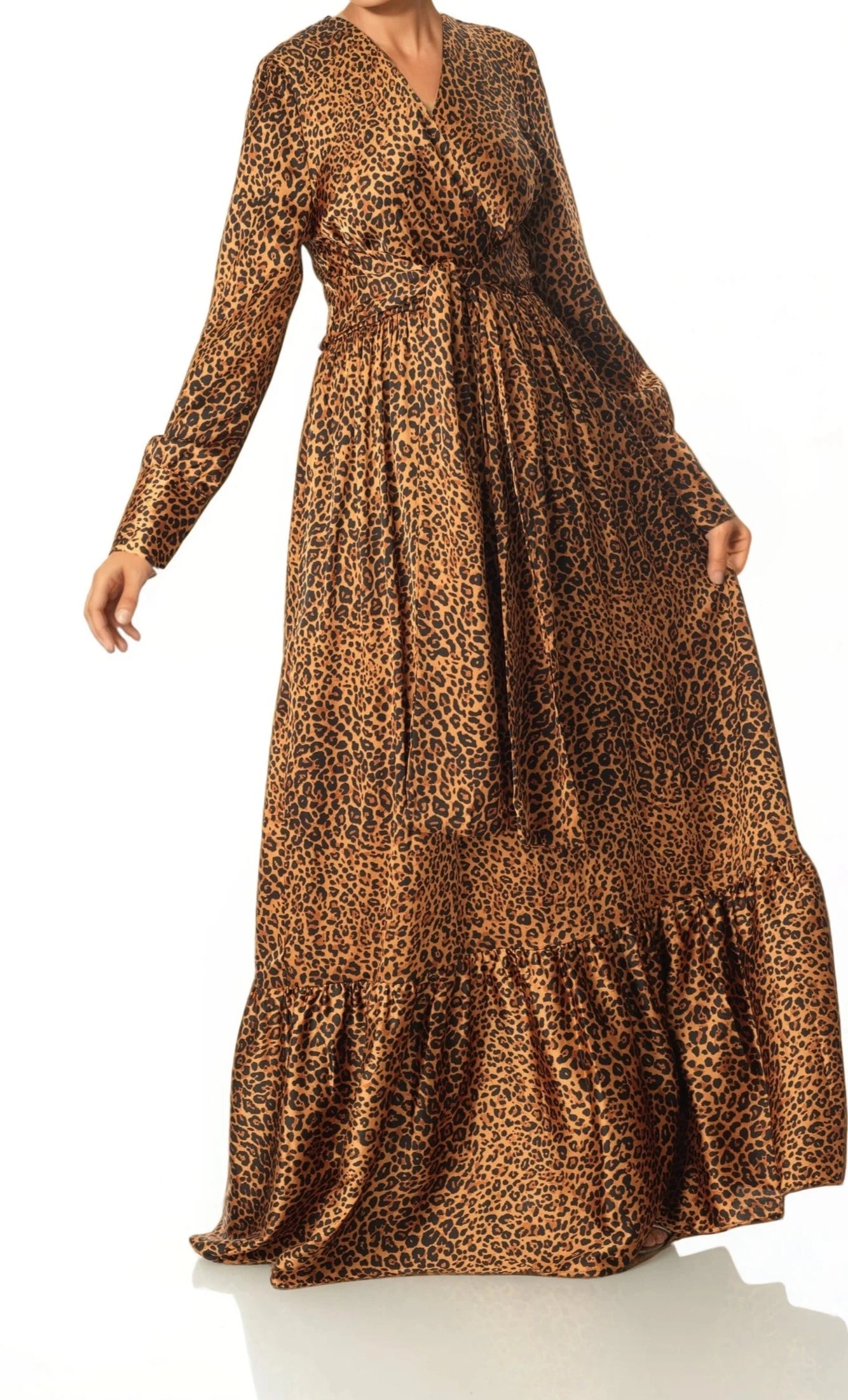 Modest maxi dress Brown cheetah print satin Kabayare