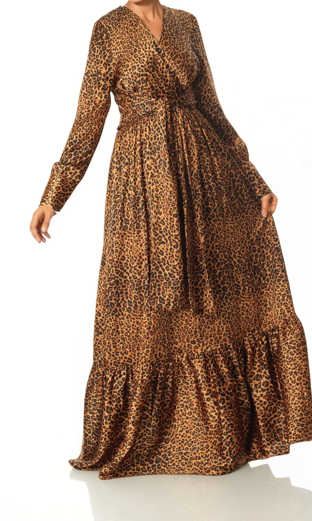 Modest maxi dress Brown cheetah print satin Kabayare