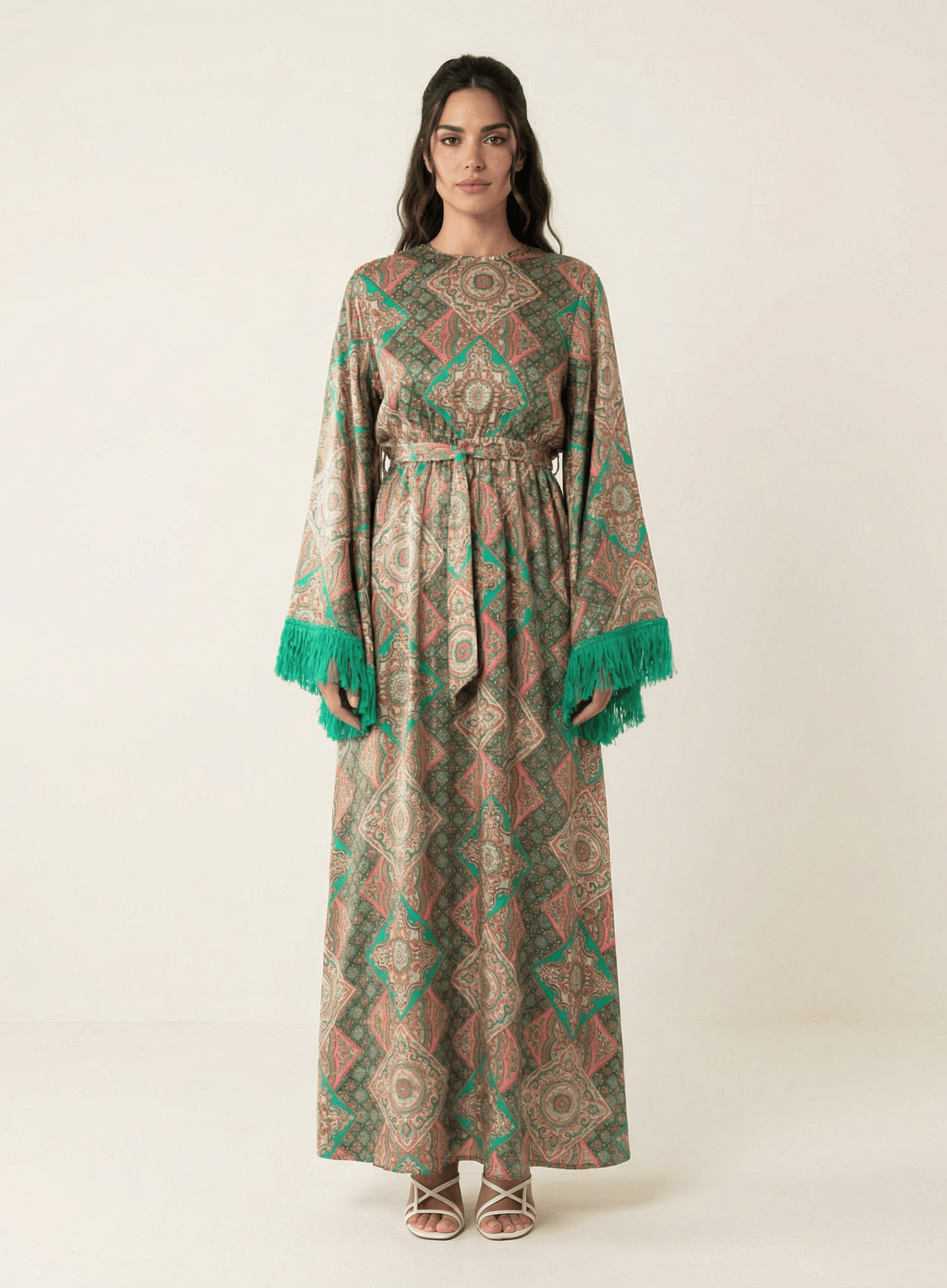 Moroccan print captivated in tassel modest maxi dress Kabayare